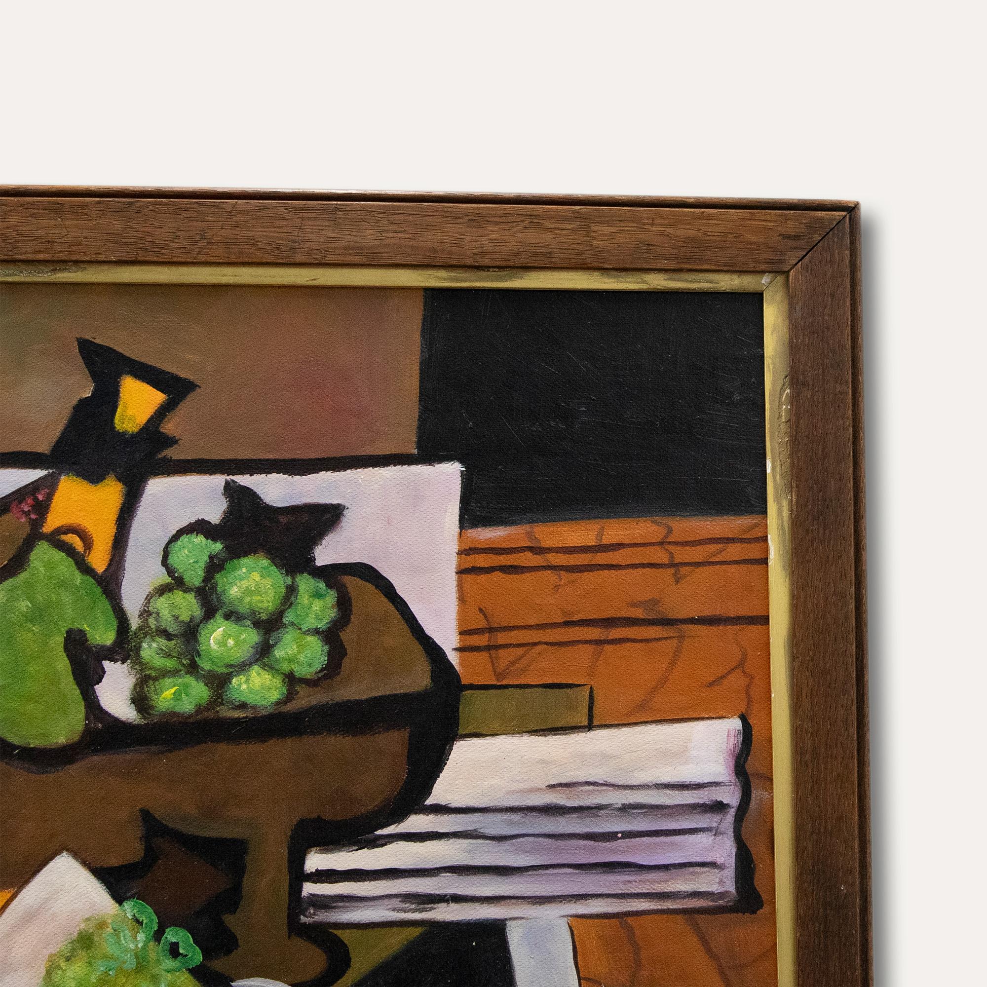 A delightful study of Georges Braque's 1927 study Still Life with Clarinet. This striking abstract piece captures still life objects in vibrant colours and bold forms. Unsigned. Presented in a wooden frame with a gilt slip. On board.
