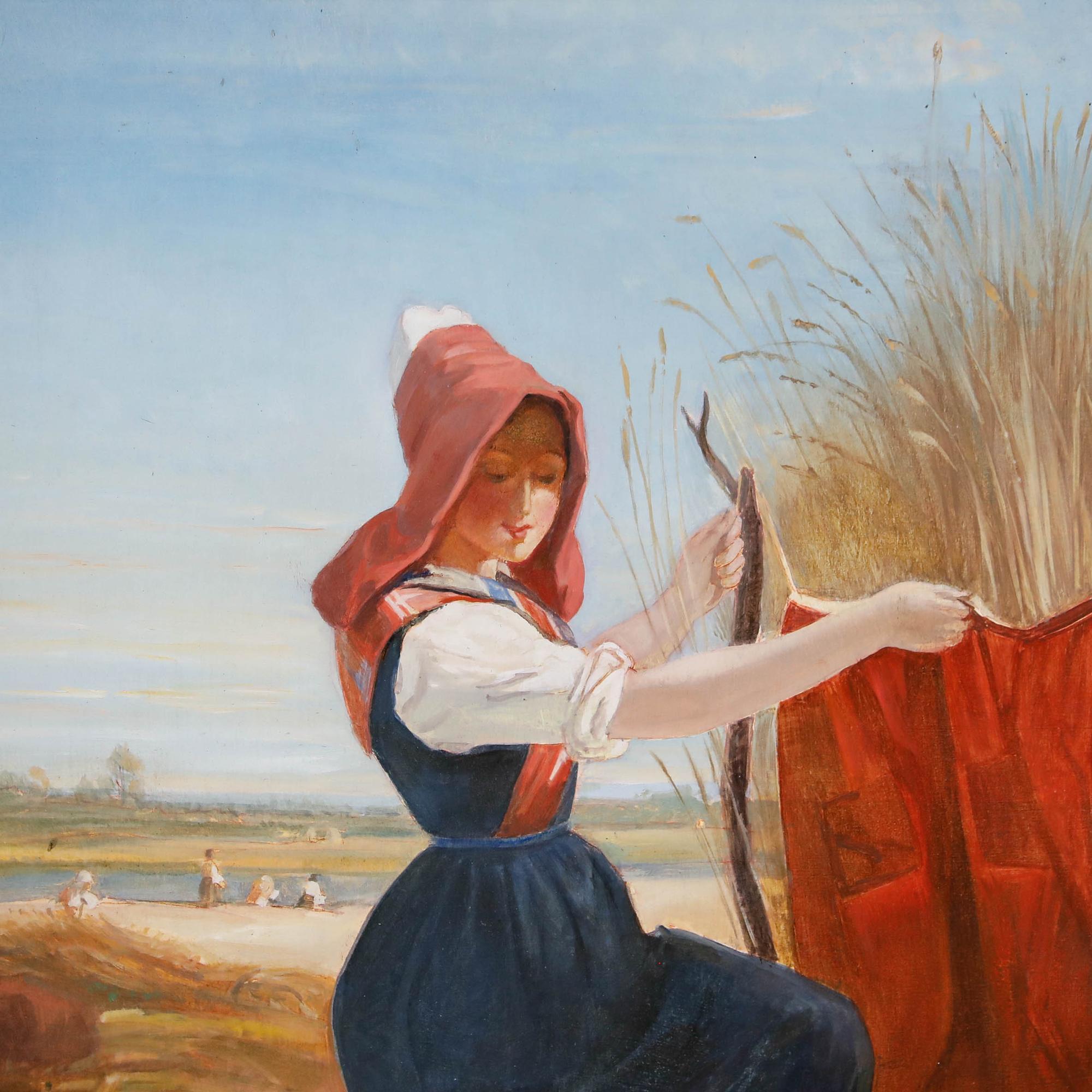 Eine bezaubernde Szene, die eine Frau zeigt, die zärtlich über ihr Kind wacht, das friedlich inmitten des Weizens schläft. Gut präsentiert in einem verschnörkelten Rahmen mit Goldeffekt. Nicht signiert. Auf dem Podium. Bildgröße: 45,5 x 35,5 cm.