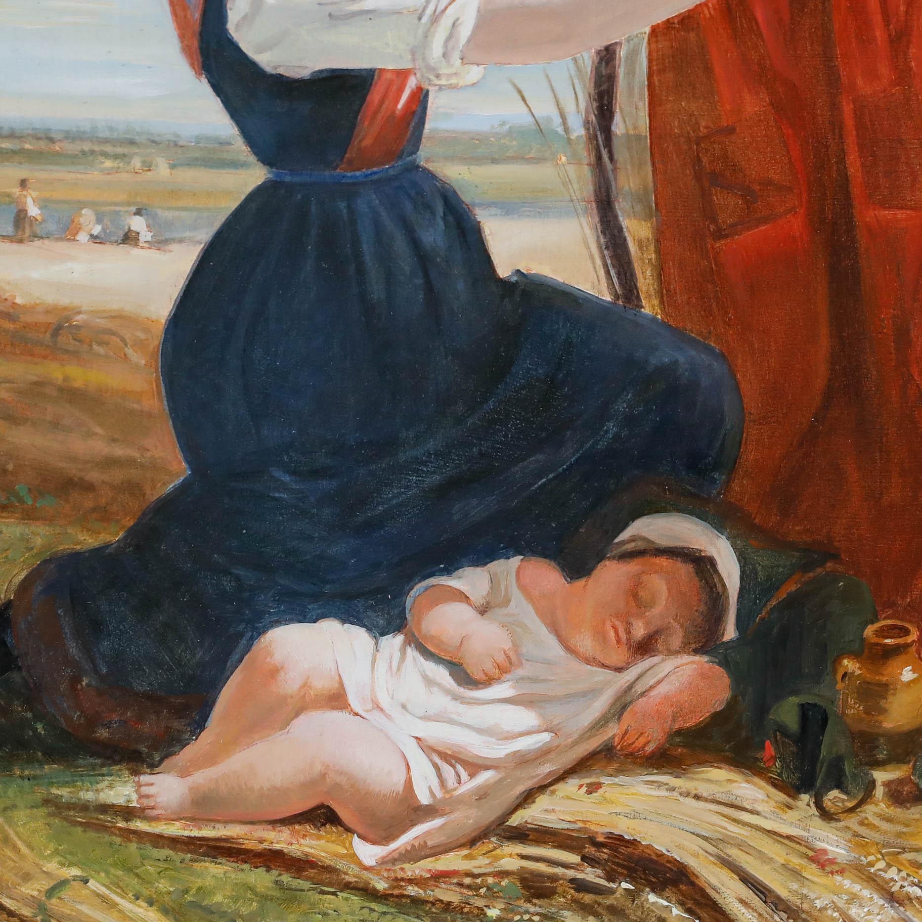 Nach Georges Edouard Darcy - Gerahmtes Öl des 20. Jahrhunderts, La Sieste dans les Blés im Angebot 1