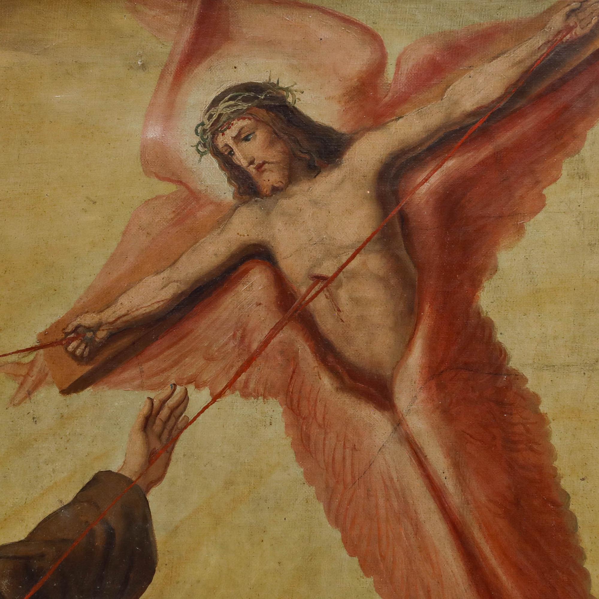 A charming depiction of St Francis Receiving the Stigmata after Giotto. The scene shows the crucified Christ hovering over the saint, bearing his wounds onto him.

Unsigned. Presented in a gilt frame. On canvas. 
