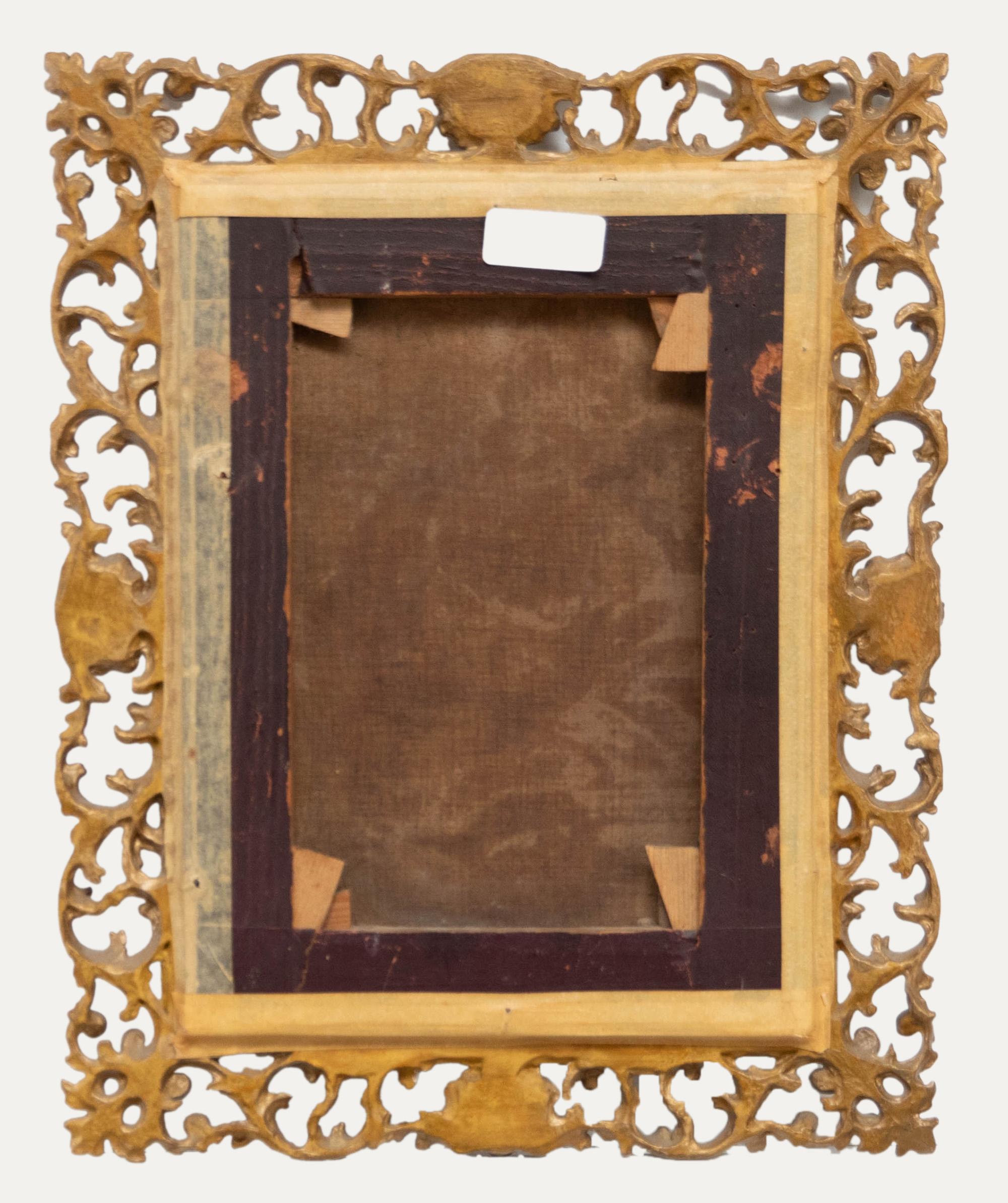 Unsigned. Beautifully presented in a Florentine frame with delicate shell ornamentation. On canvas.