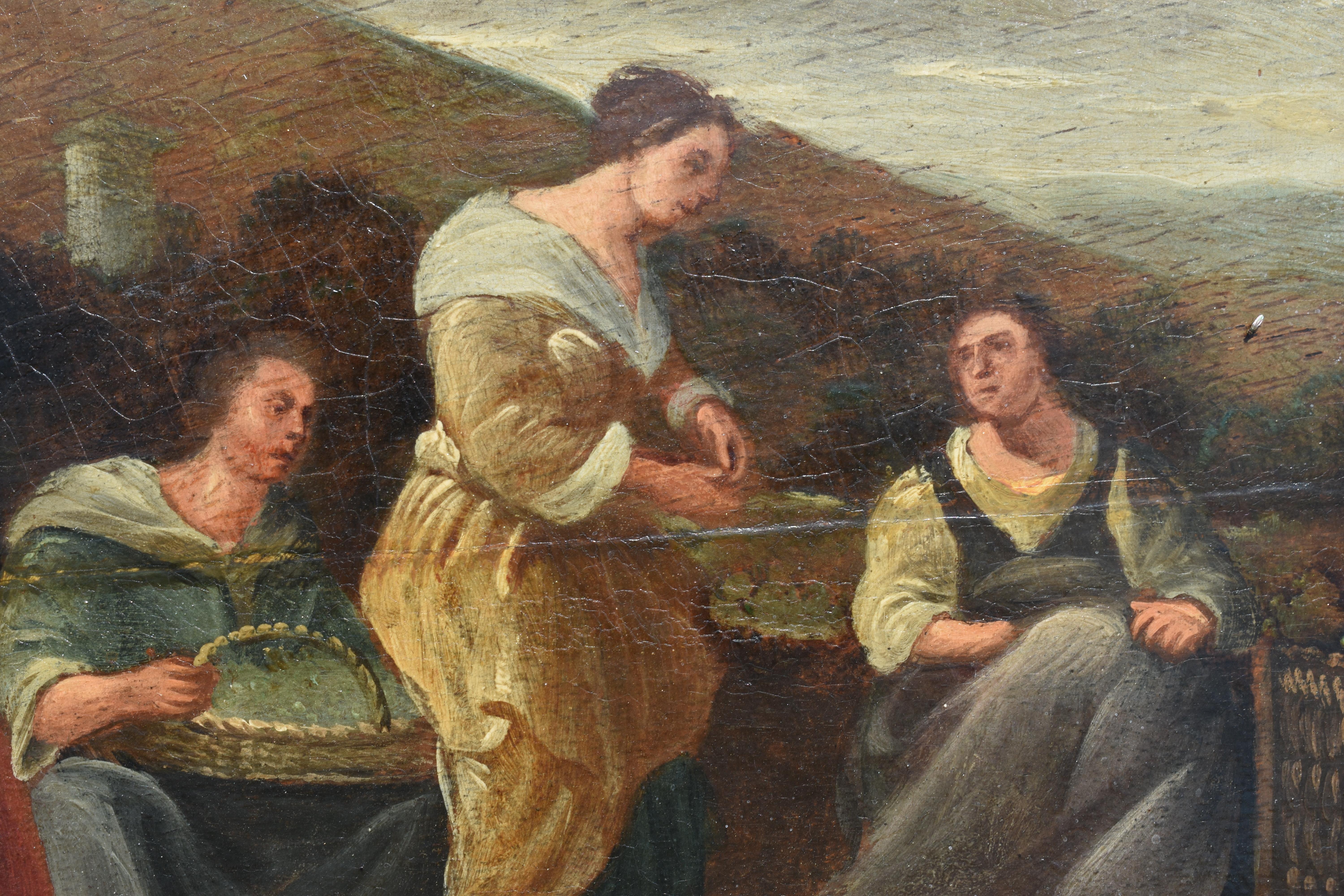 Copia precoce del 1750 circa di una divertente scena di mercato olandese in un paesaggio all'italiana. L'originale è stato dipinto da Hendrick Mommers, un rinomato pittore di paesaggi del Secolo d'Oro olandese. Dipinto a olio su un pannello di Oak e