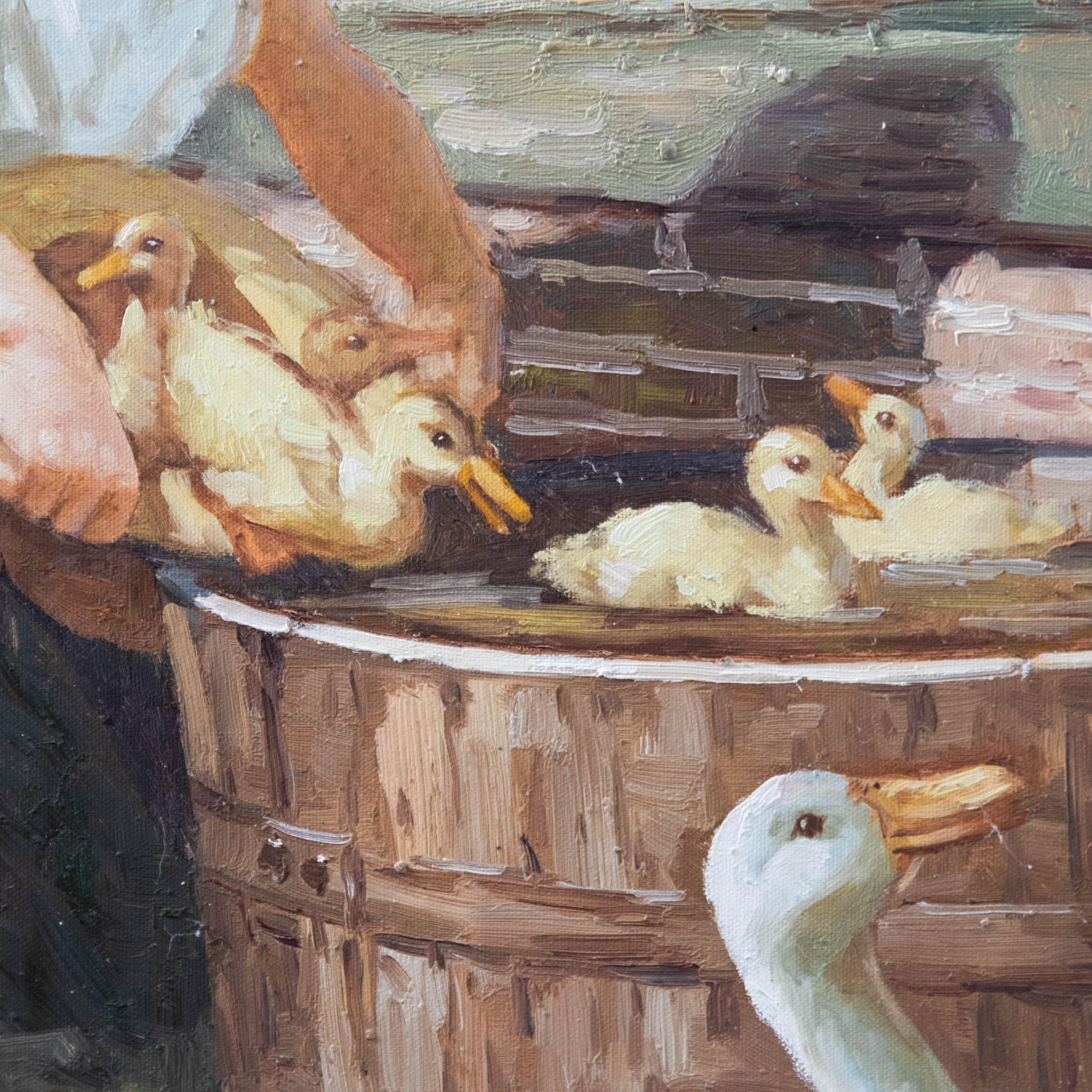 Bel exemplaire de la peinture à l'huile de Henry Grant Plumb (1847-1930), Mother's Helper. Signé H. Jacob en bas à droite. Présenté dans un cadre contemporain. Sur toile sur châssis. 