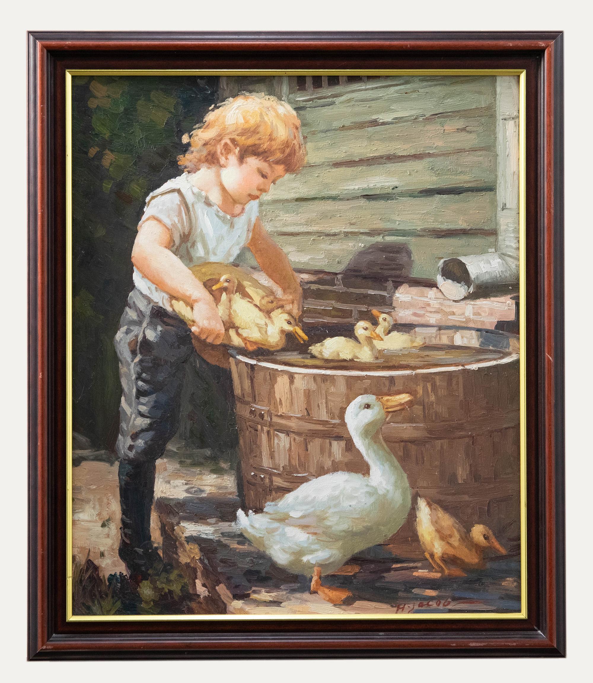 Unknown Figurative Painting - After Henry Grant Plumb - Framed Contemporary Oil, Mother's Helper