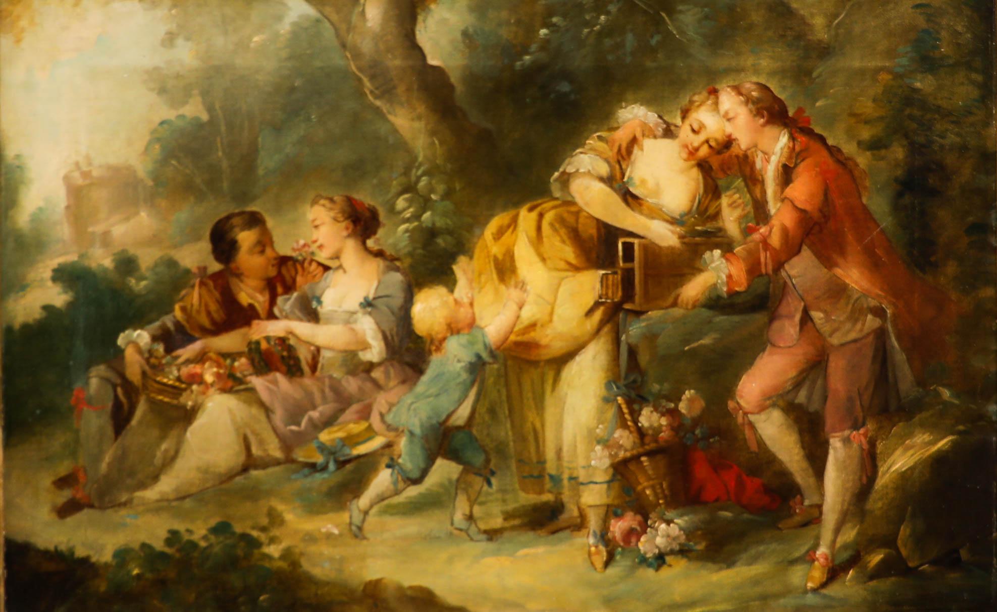 Dopo Jean-Baptiste Jean Pater  - Olio dei primi del Novecento, Raccoglitori di rose - Painting di Unknown
