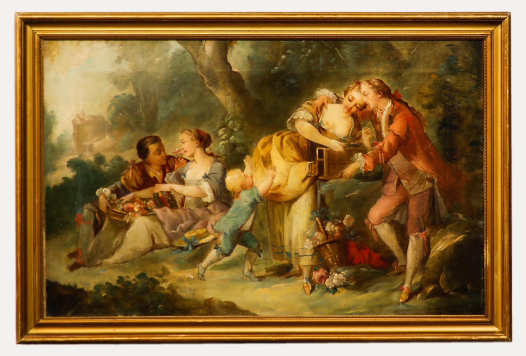 Figurative Painting di Unknown - Dopo Jean-Baptiste Jean Pater  - Olio dei primi del Novecento, Raccoglitori di rose