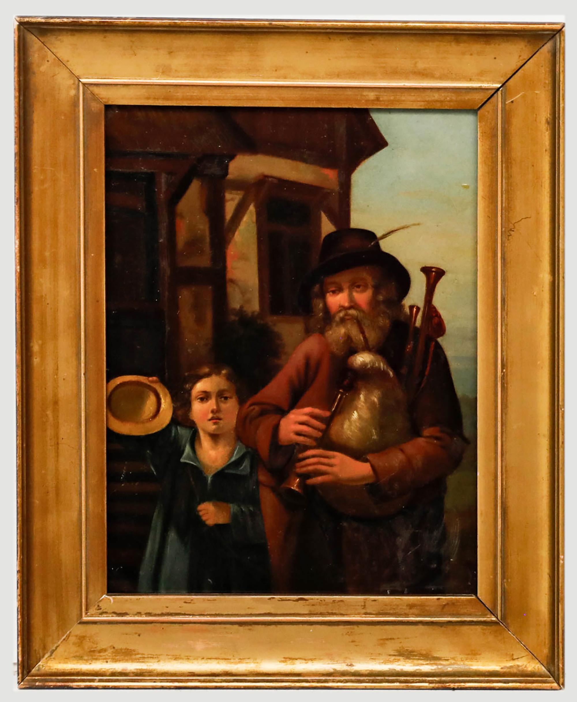 Figurative Painting Unknown - D'après Johann Peter Hasenclever (1810-1853) - 19e siècle Huile, The Bagpiper