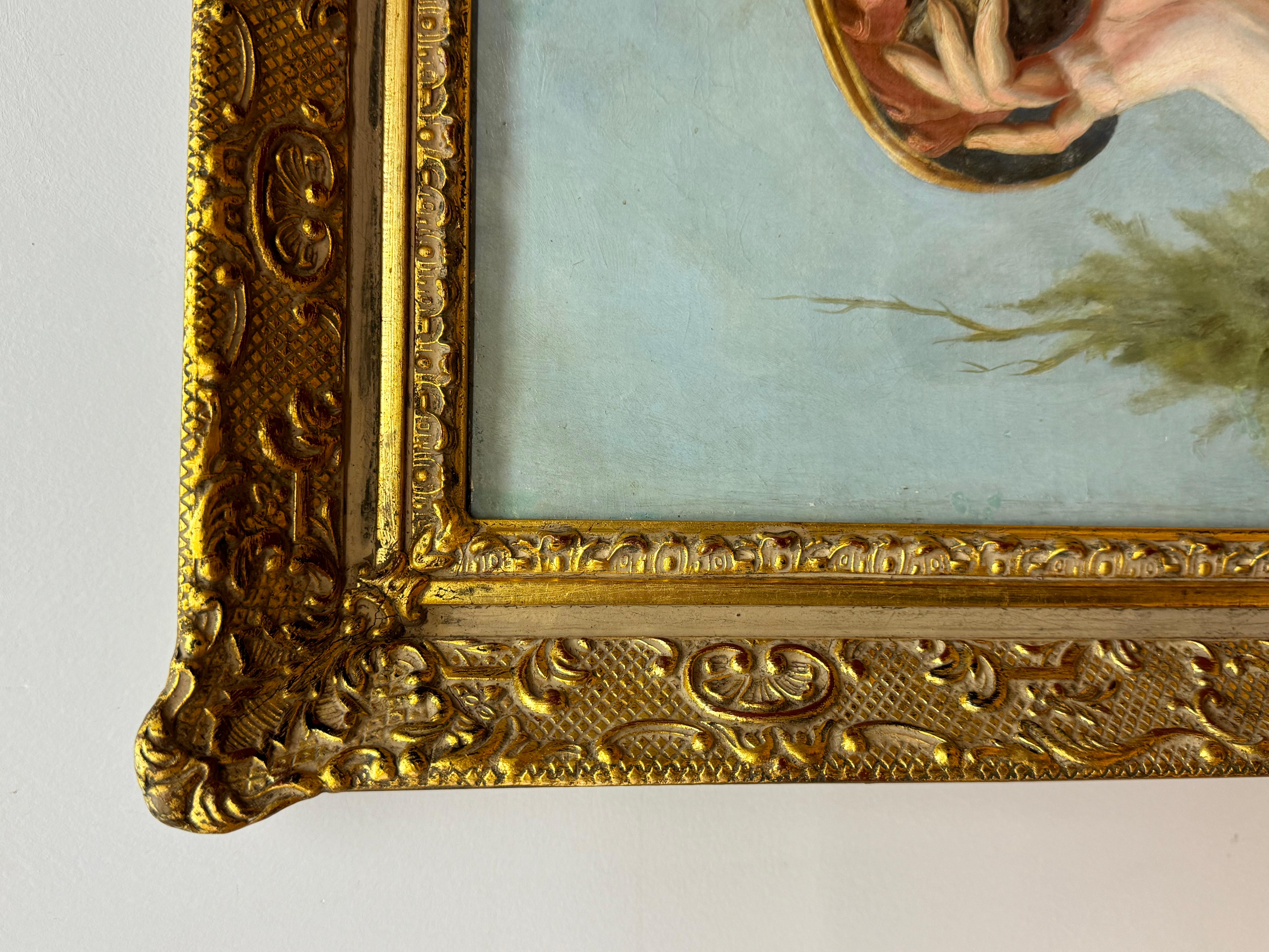 D'après John Russel Portrait d'une jeune fille avec un coquillage et un oiseau. Huile sur masonite. 25,25 x 29,5 encadré, 19,75 x 24 non encadré.