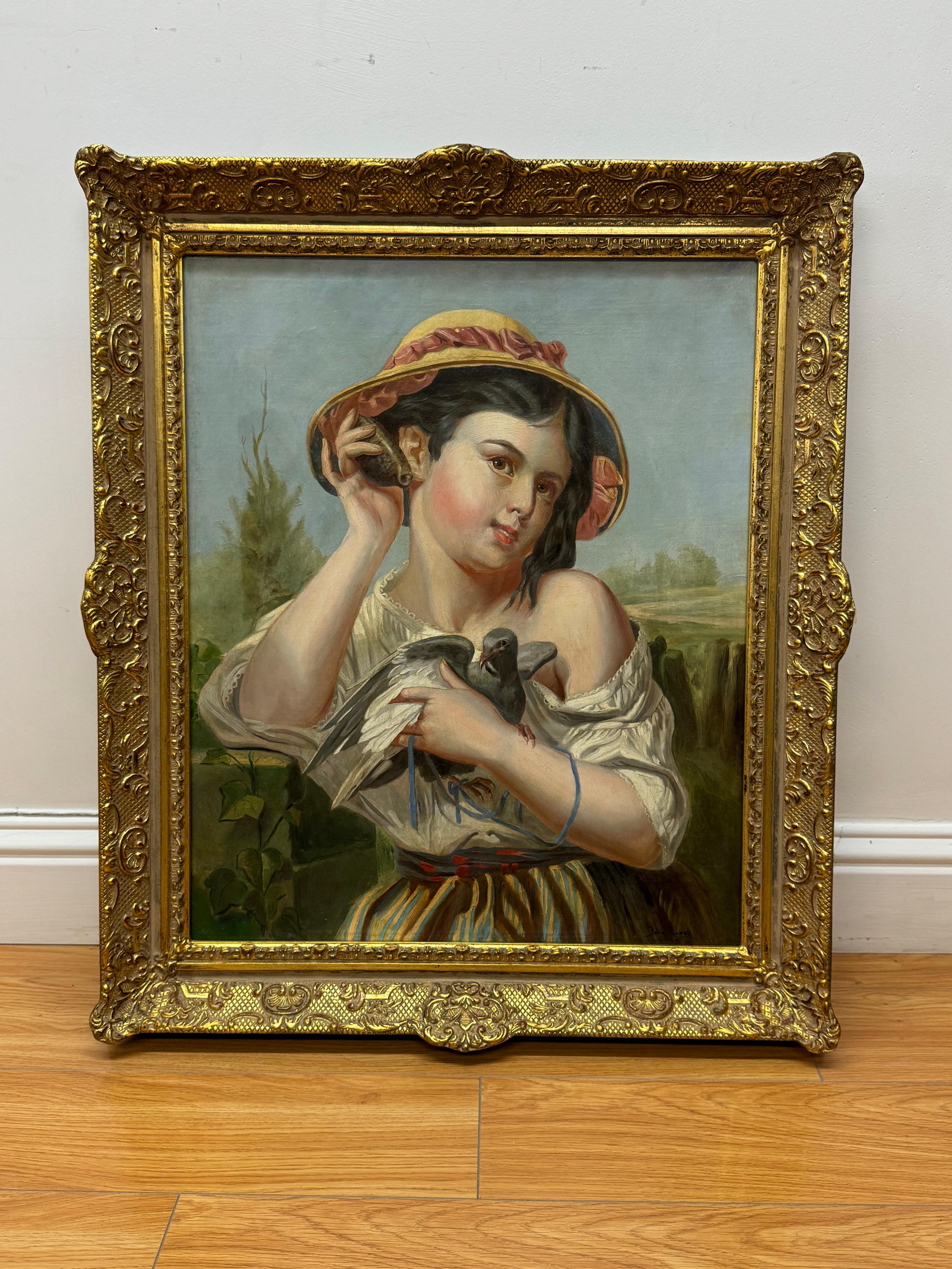 D'après John Russell Portrait d'une jeune fille avec un coquillage et un oiseau - Painting de Unknown
