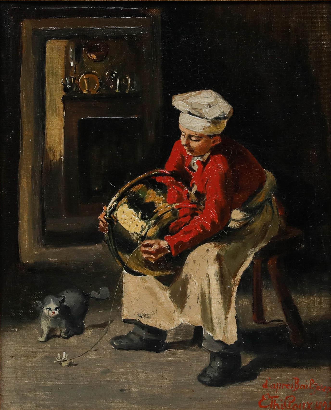 After Joseph Bail (1862-1921) - Late 19th Century Oil, Cook Playing With The Cat - Painting by Unknown