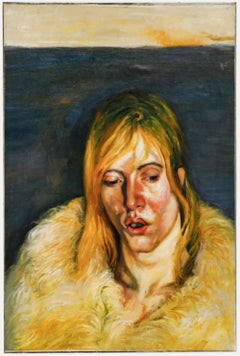 After Lucien Freud - Contemporary Oil, Girl in a Fur Coat