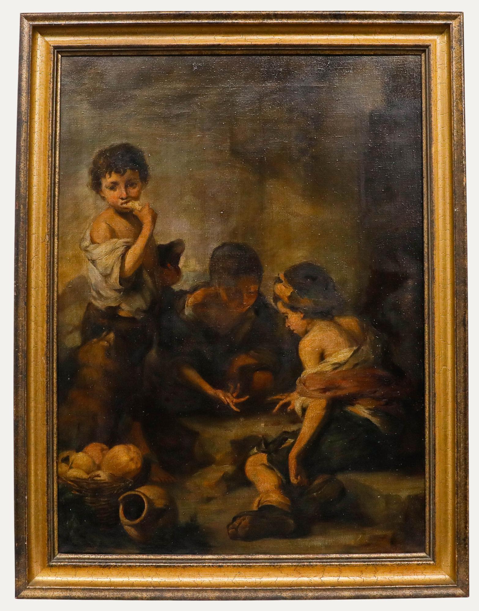 Unknown Figurative Painting - After Murillo (1617-1682) - Framed 19th Century Oil, Beggar Boys Playing Dice