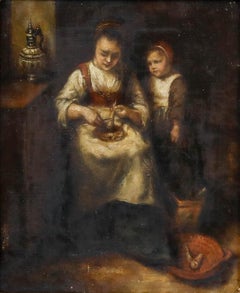 After Nicolaes Maes (1634-1693) - Dutch School Oil, Woman Scraping Parsnips