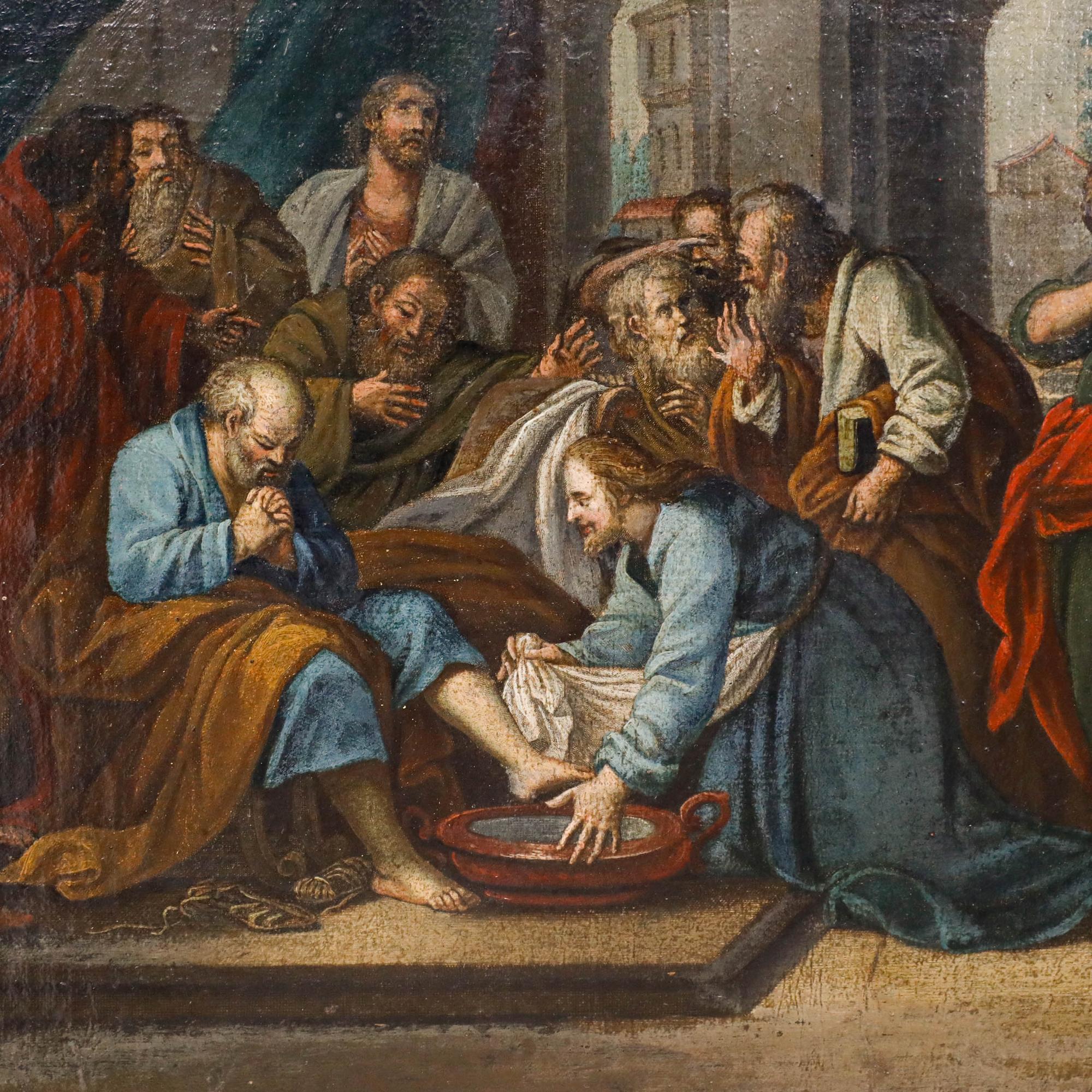 Estampa sobrepintada según la obra de Nicolas Bertin *Cristo lavando los pies de sus discípulos*. En primer plano, Cristo lava los pies a cada uno de sus doce discípulos, mientras detrás de ellos se prepara una mesa para la Última Cena. Judas