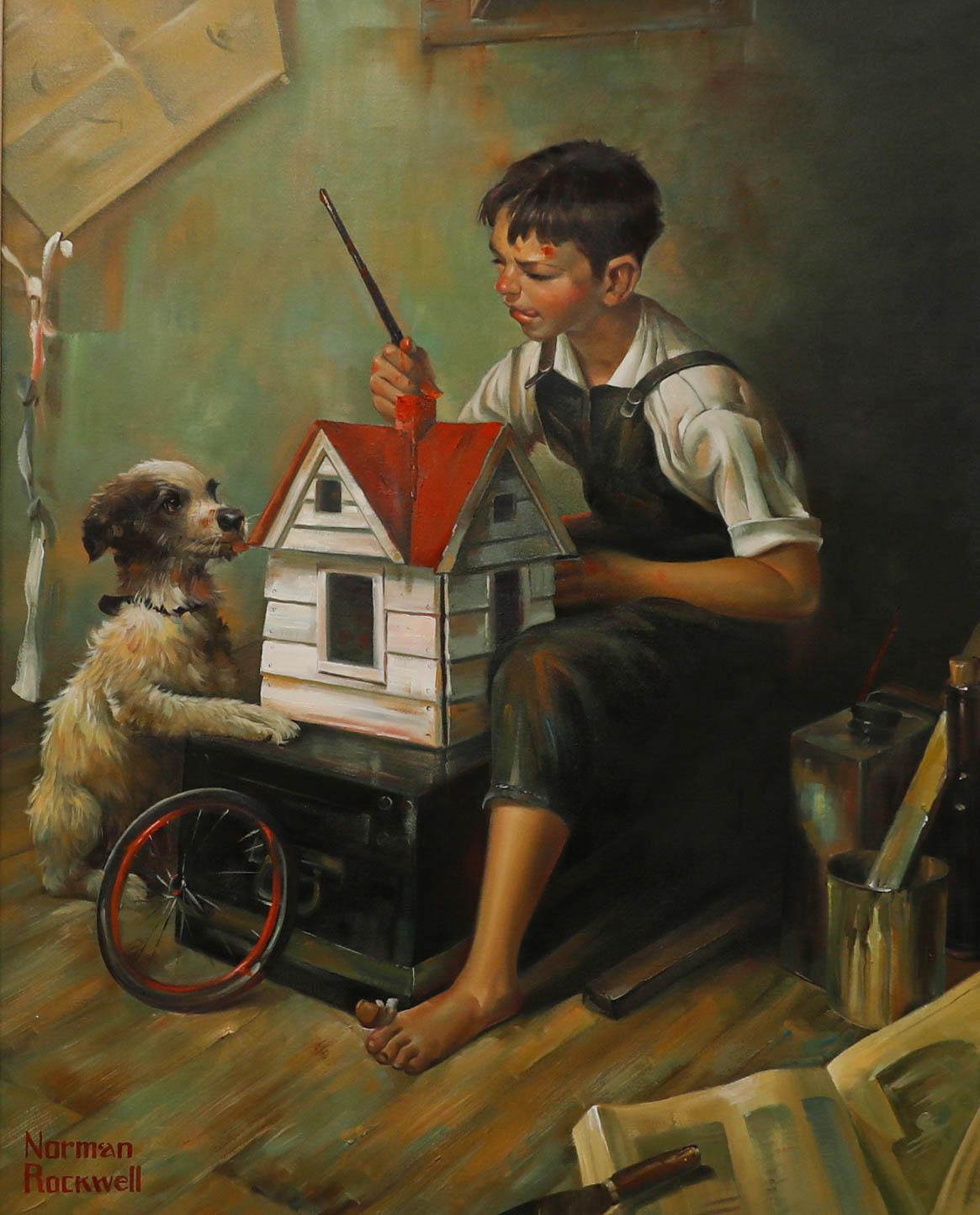 After Norman Rockwell - Gerahmtes Öl aus dem 20. Jahrhundert, Junge malt ein Vogelhaus – Painting von Unknown
