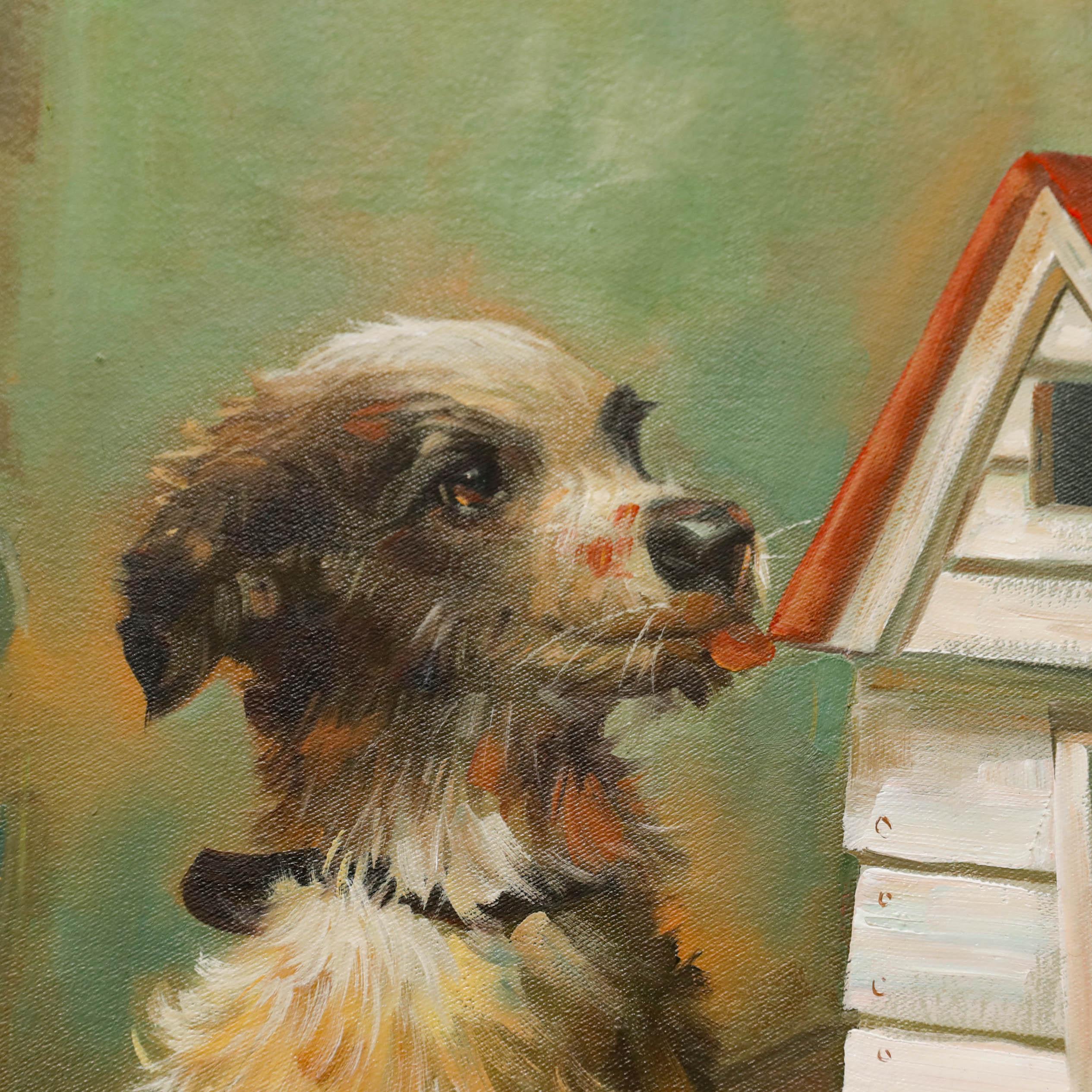 After Norman Rockwell - Gerahmtes Öl aus dem 20. Jahrhundert, Junge malt ein Vogelhaus im Angebot 1