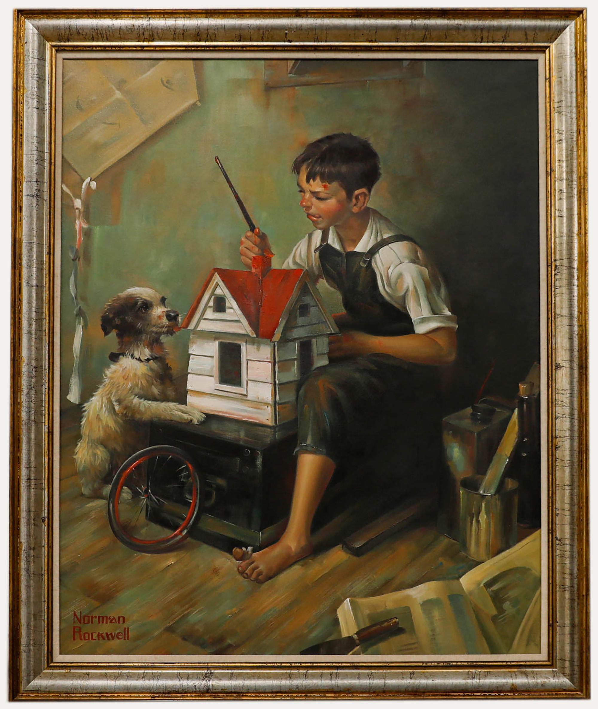 Unknown Figurative Painting – After Norman Rockwell - Gerahmtes Öl aus dem 20. Jahrhundert, Junge malt ein Vogelhaus