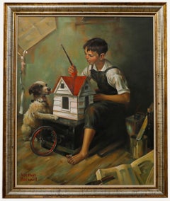 Vintage After Norman Rockwell - Framed 20th Century Oil, Boy Painting a Birdhouse