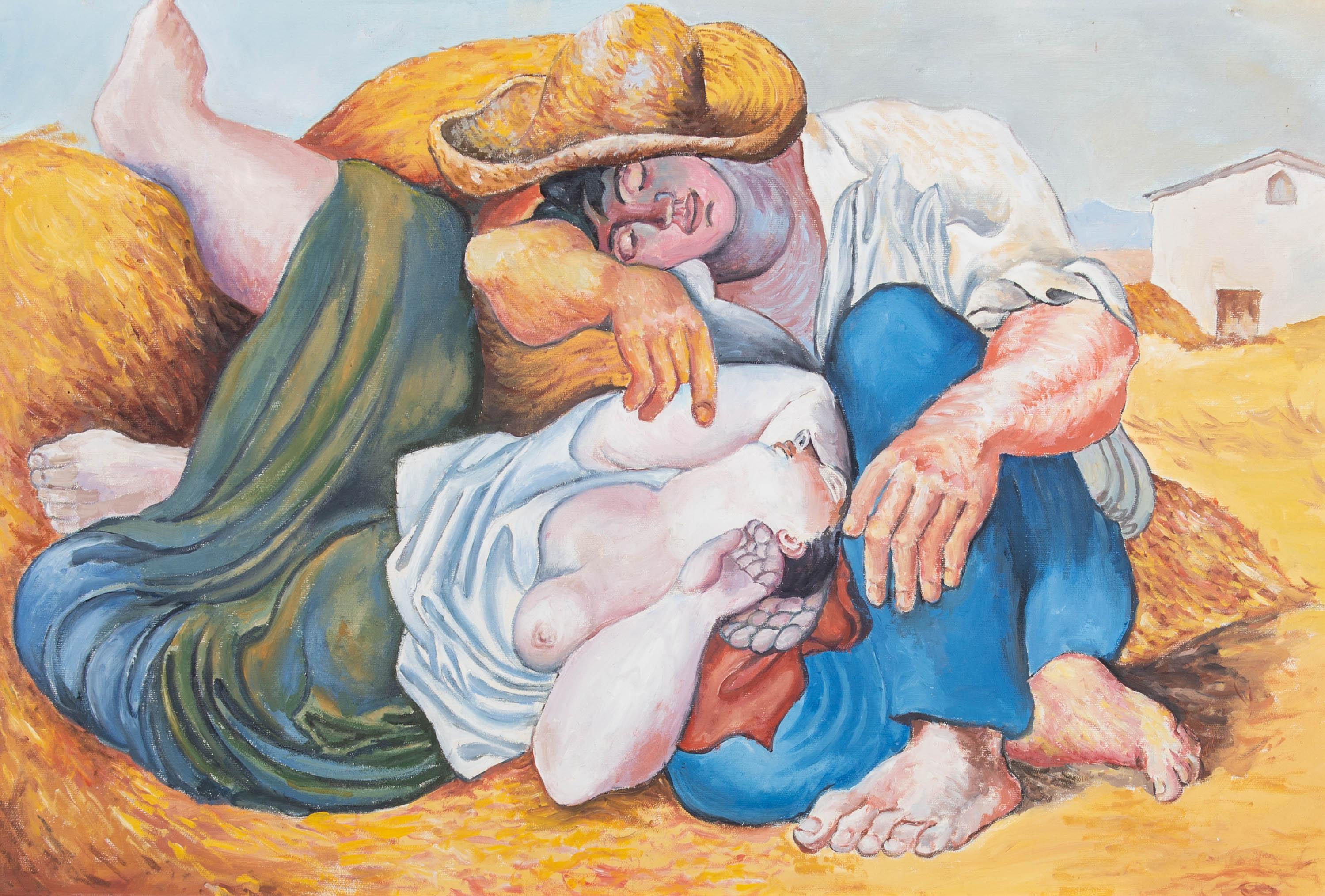Huile du XXe siècle, Peasants endormis, d'après Pablo Picasso - Painting de Unknown