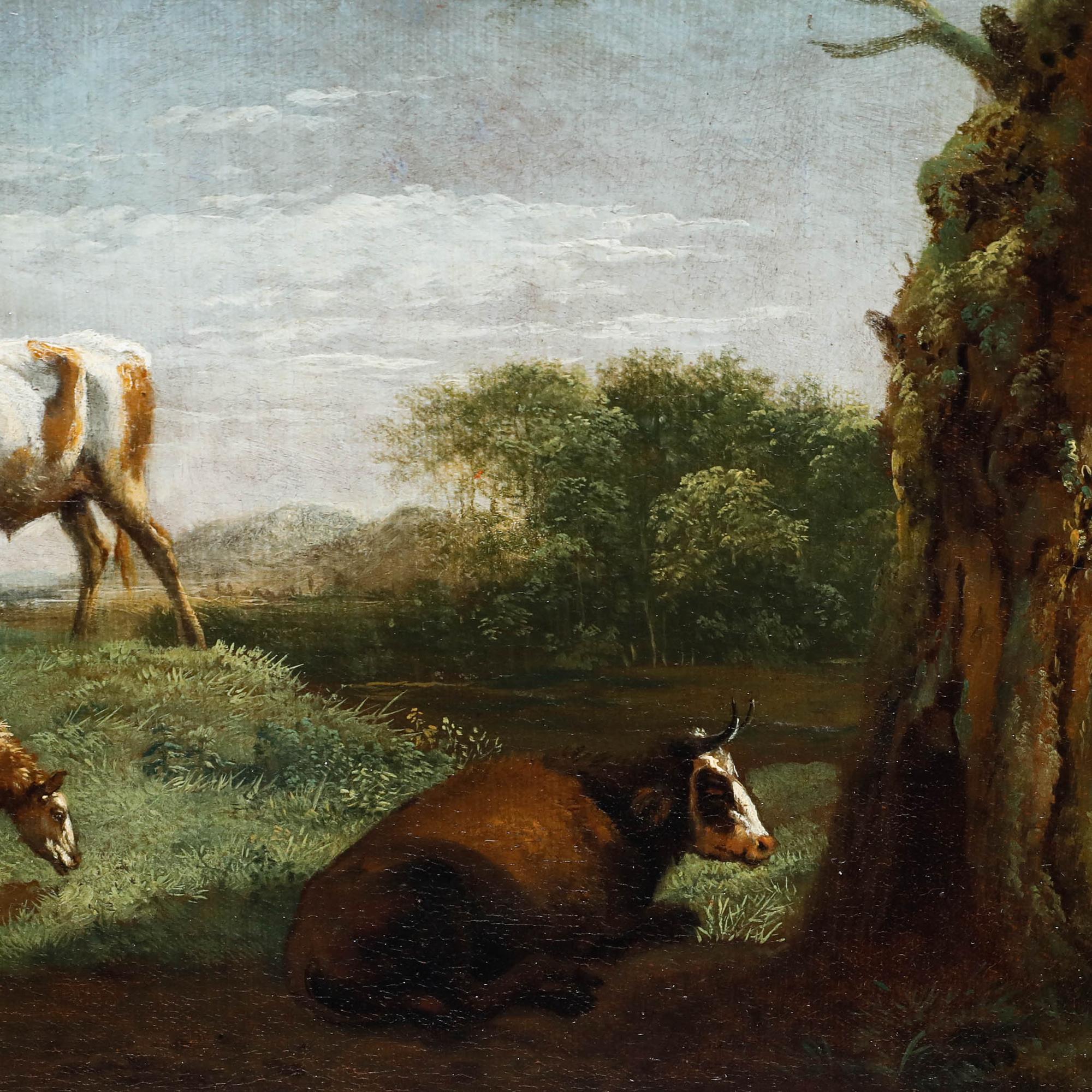A delightful 18th-century oil after the Dutch Golden Age artist Paulus Potter (1625–1654). The artwork depicts a herd of animals resting beside a tree in golden light. Potter was a pioneer in the painting of landscapes with animals, making them the