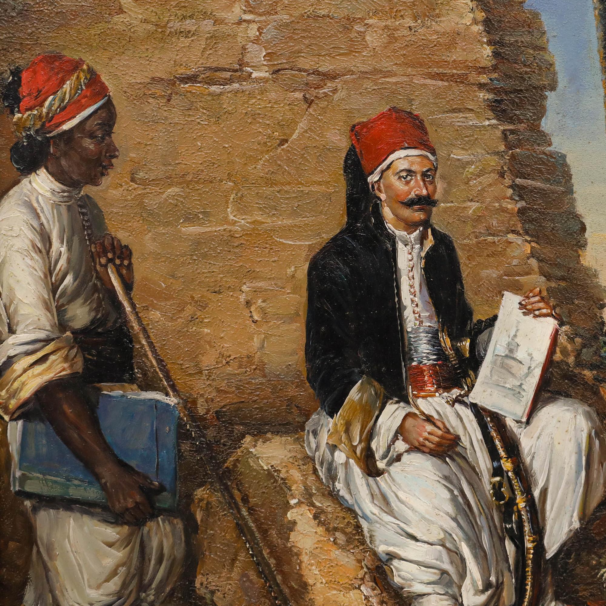 After Pierre Mathurin Petraud (1808-1880). Self-portrait of the artist in costume with an African attendant. Presented in a gilt frame. On panel.