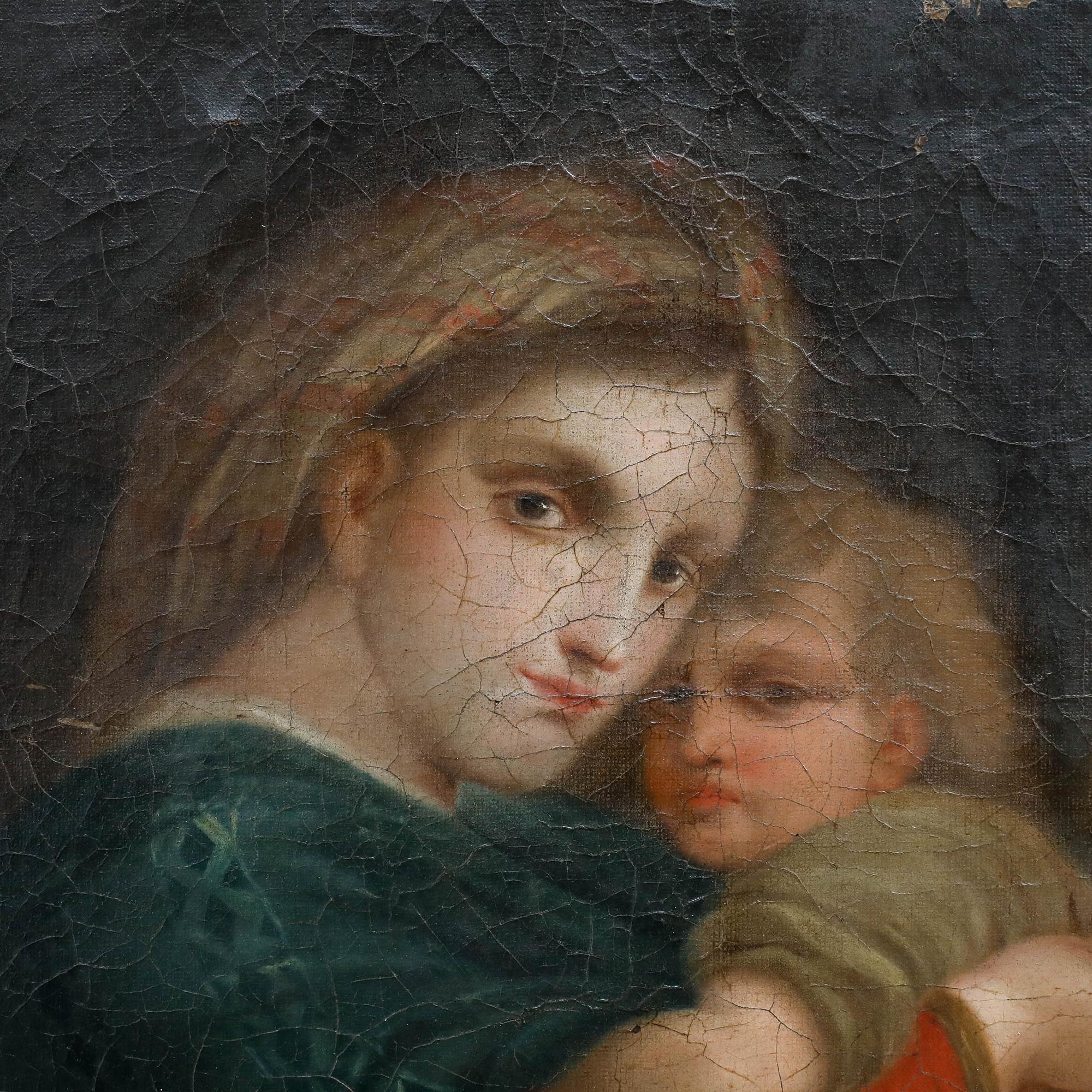 A delightful early 19th Century copy of Raphael's c.1514 'Madonna della Seggiola' in oil. Raphael's choice to forgo his linear style and strict geometric form is still clear in this handsome rendering. Mary embraces the child Christ in a loving