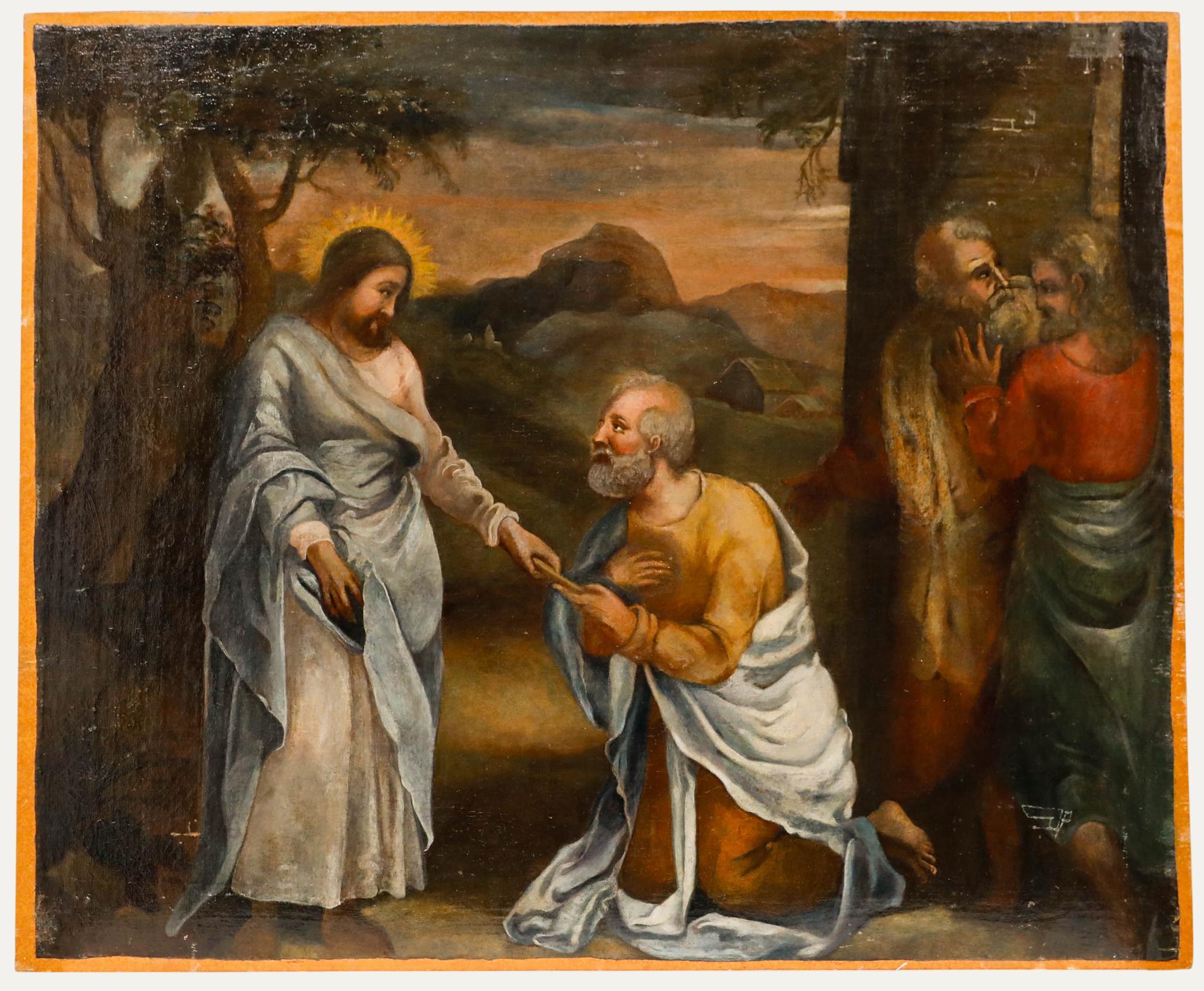 Figurative Painting Unknown - D'après Raphael - 18e siècle Huile, L'exhortation du Christ à Pierre