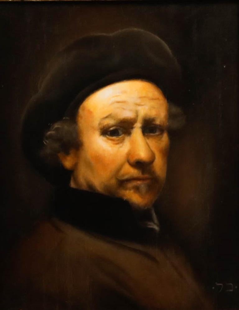 Nach Rembrandt - Gerahmtes Ölgemälde des 20. Jahrhunderts, Selbstporträt mit Beret – Painting von Unknown