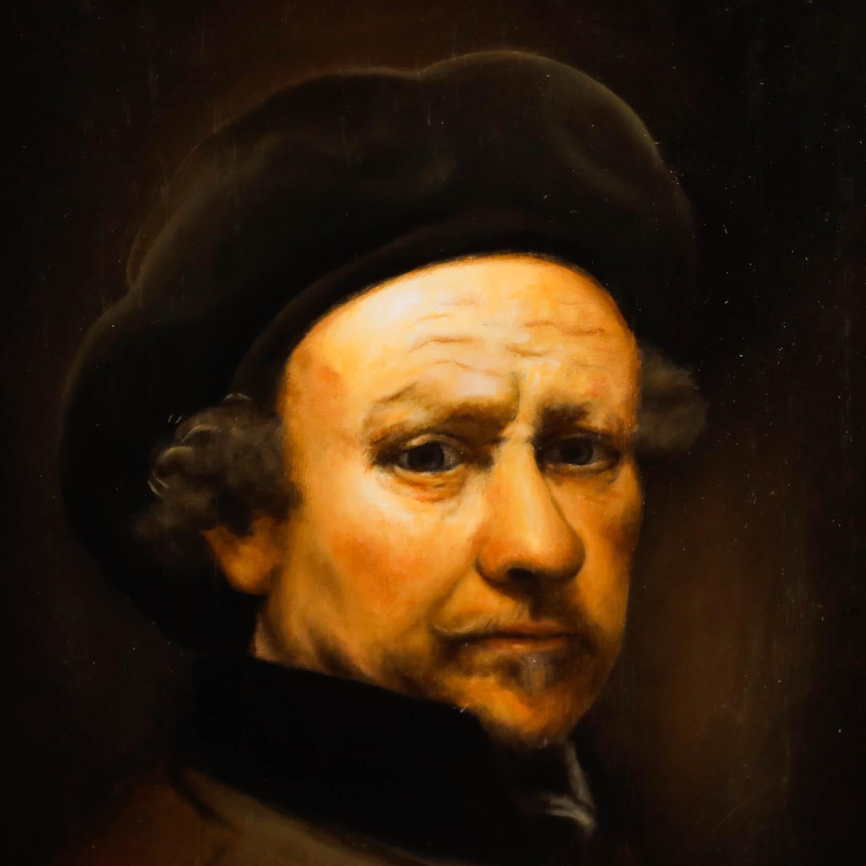 Nach Rembrandt (1606-1669). Kopie von Self-Portrait mit Baskenmütze und Umlegekragen. Öl auf Platte. Monogrammiert in Hebräisch unten rechts. Gut präsentiert in einem kühnen Gold-Effekt Rahmen mit einem hohen Relief foliate Formgebung.

