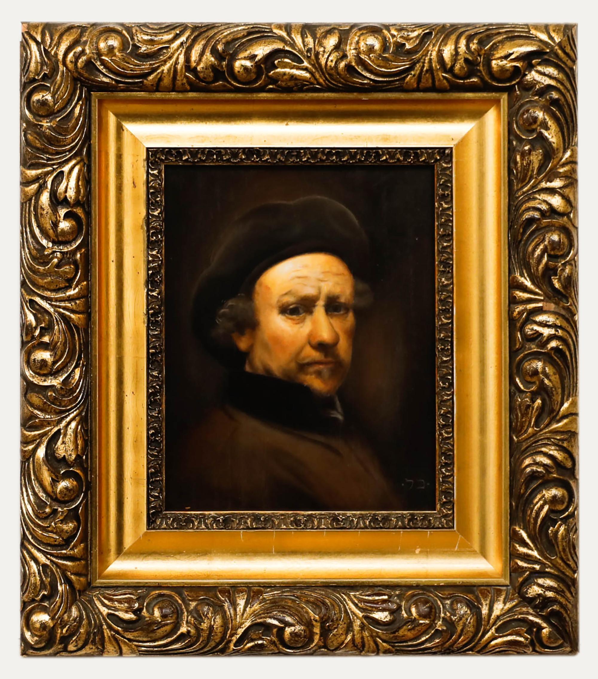 Unknown Portrait Painting – Nach Rembrandt - Gerahmtes Ölgemälde des 20. Jahrhunderts, Selbstporträt mit Beret
