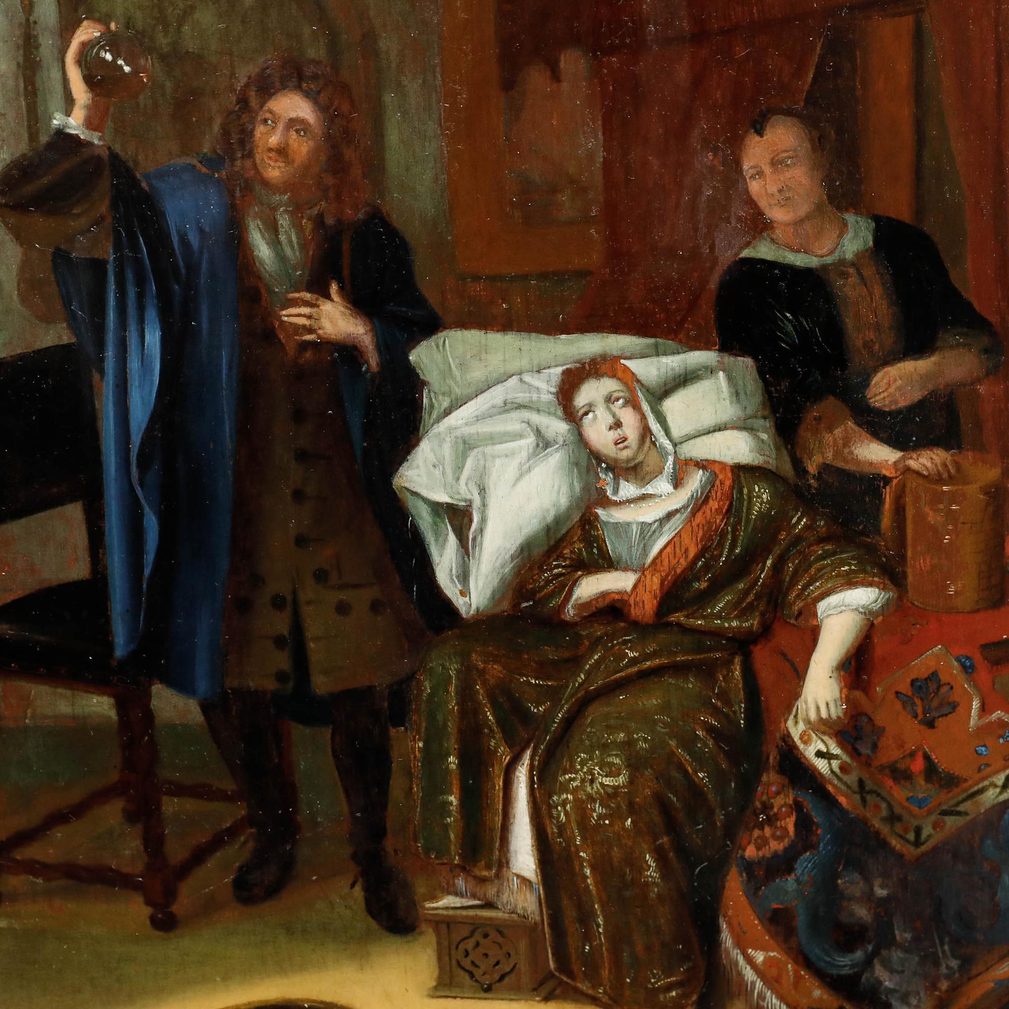 A genre scene after Dutch Golden Age painter Richard Brakenburgh. The scene depicts a doctor treating a lovesick maiden, a beloved theme in the seventeenth century. Well presented in an ornate black and gold frame. Unsigned. On panel.