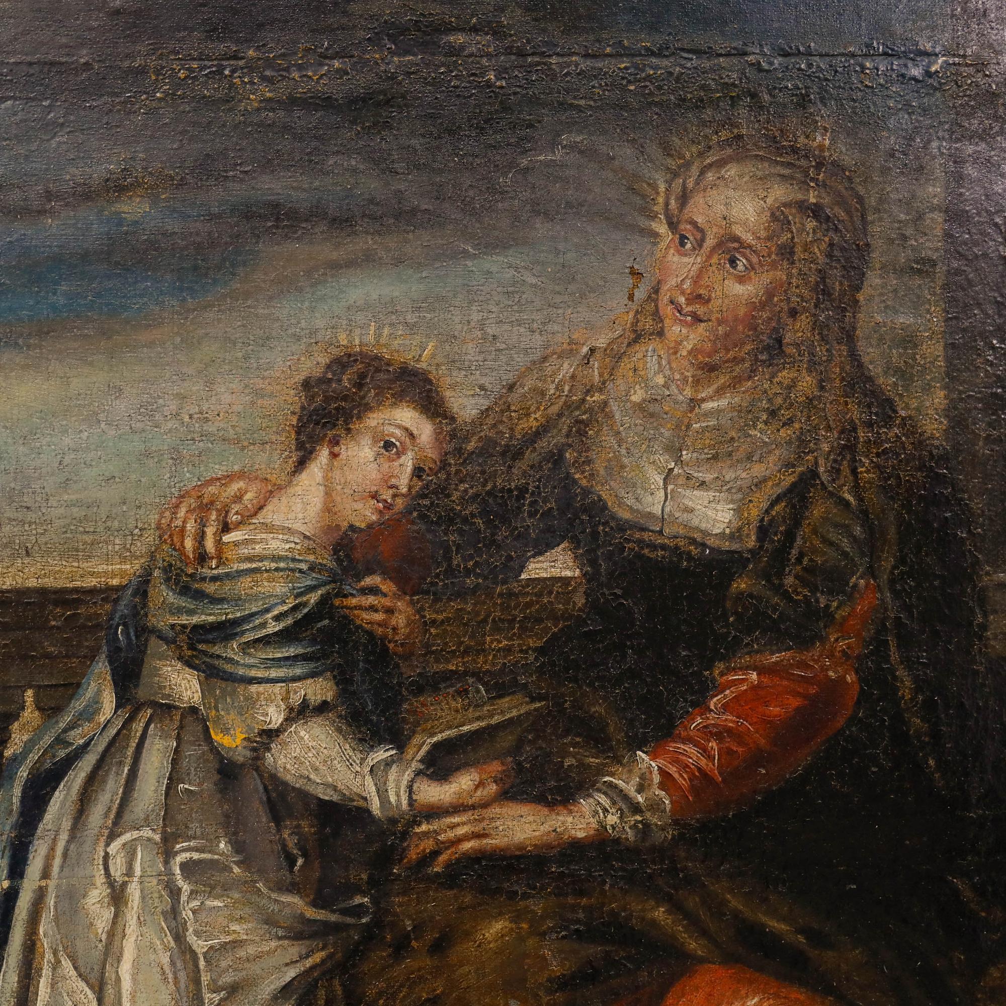 Une copie spectaculaire d'après l'Éducation de la Vierge de Rubens, conservée au Musée royal des Beaux-Arts d'Anvers. La scène représente la jeune Vierge Marie apprenant à lire à sa mère Sainte Anne. Bien présenté dans un cadre noir antique. Non