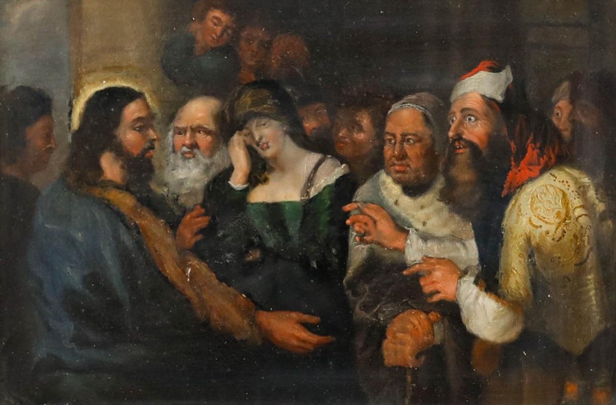 D'après Rubens - 19e siècle Huile, Le Christ et la femme adultère - Painting de Unknown