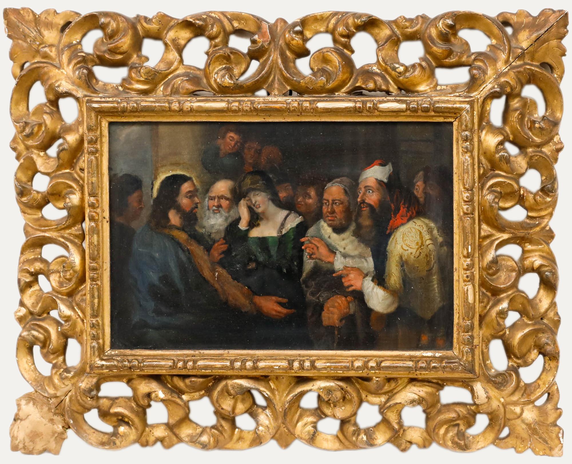Figurative Painting Unknown - D'après Rubens - 19e siècle Huile, Le Christ et la femme adultère