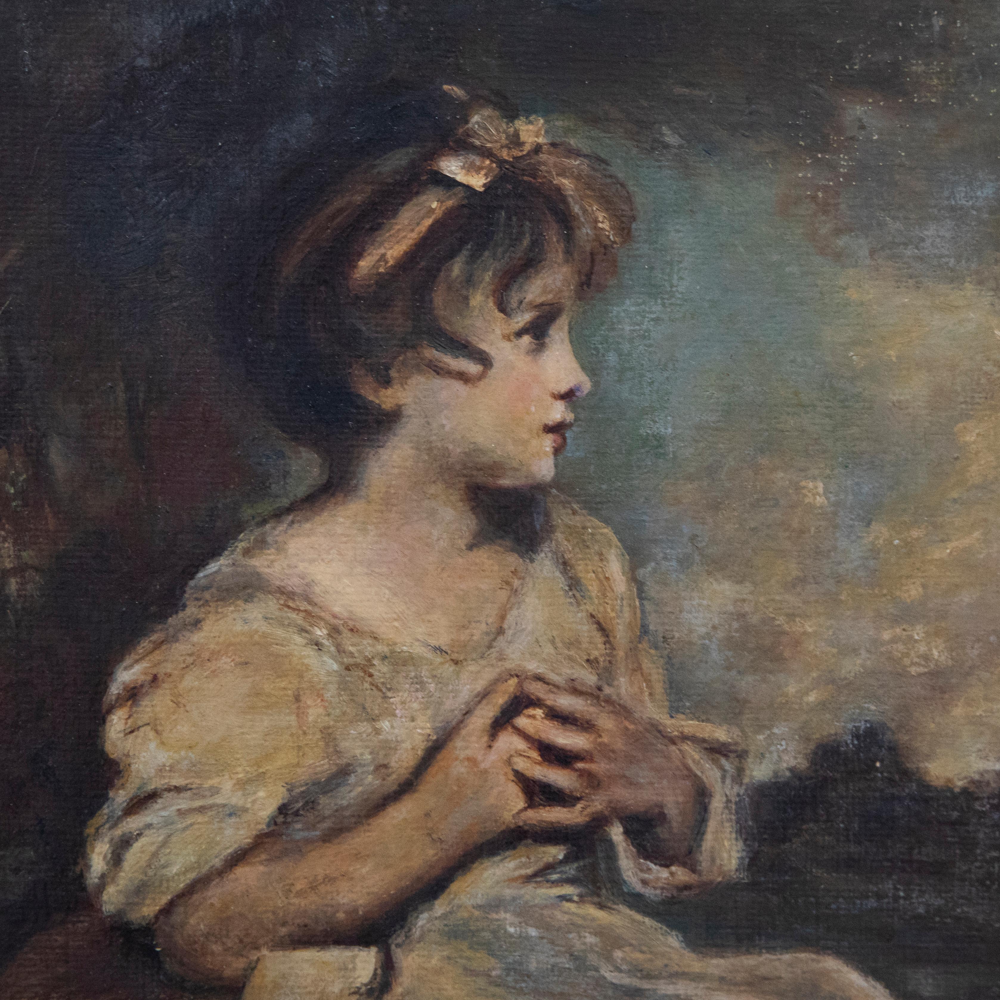 Esta deliciosa copia del retrato de hacia 1785 representa posiblemente a la sobrina nieta de Joshua Reynolds, Theophila Gwatkin. El cuadro original reside actualmente en la Tate. Bien presentado en un marco ornamentado de efecto dorado. Sin firmar.