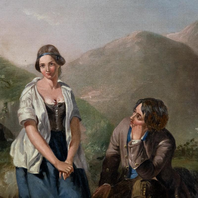 A fine study of the original 1846 painting by Thomas Brooks titled 'Dawn of Love'. The original is currently part of the Victoria & Albert collection. The scene depicts two lovers by a mountain spring. the man looks lovingly towards the woman, with