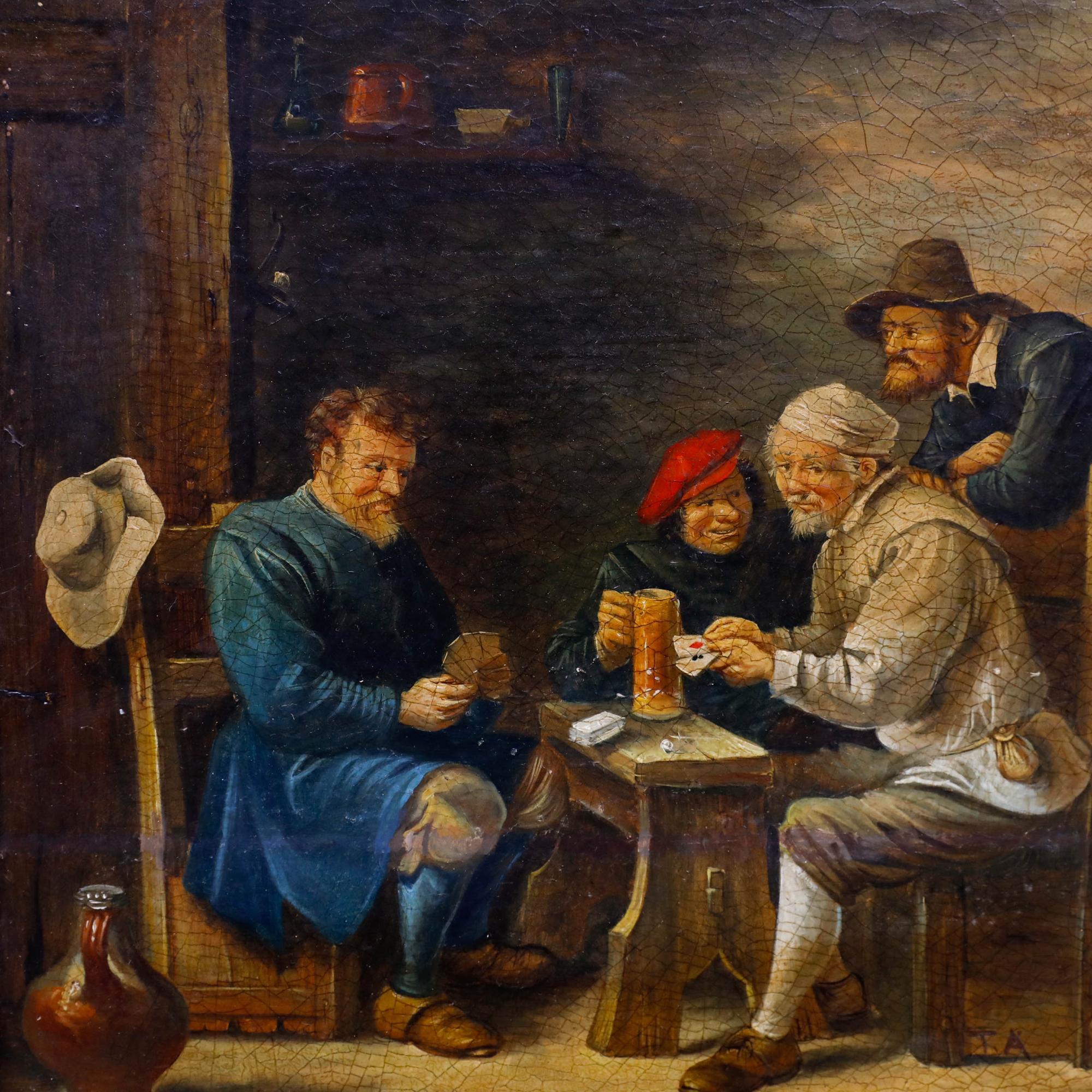 Une charmante scène de genre d'après l'artiste flamand du XVIIe siècle After Thomas van Apshoven. La scène montre des hommes dans une taverne en train de jouer aux cartes. Les hommes se regardent nerveusement et font le tour de la salle, ne sachant