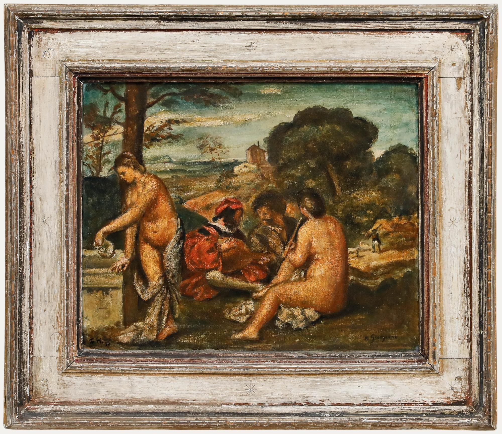 Unknown Nude Painting - After Titian (1485-1576) - Framed 1936 Oil, The Pastoral Concert