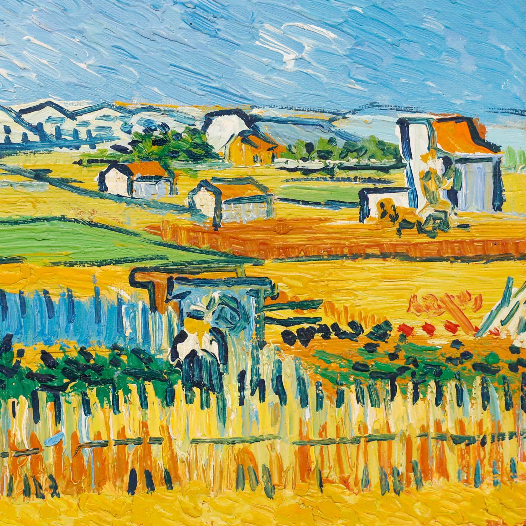 An attractive copy of Vincent van Gogh's original oil painting, 'Landscape, Provence'. Much like the original, this little oil instantly grabs your attention with its bold palette and dynamic brushwork. Unsigned. On canvas on stretchers. Image size: