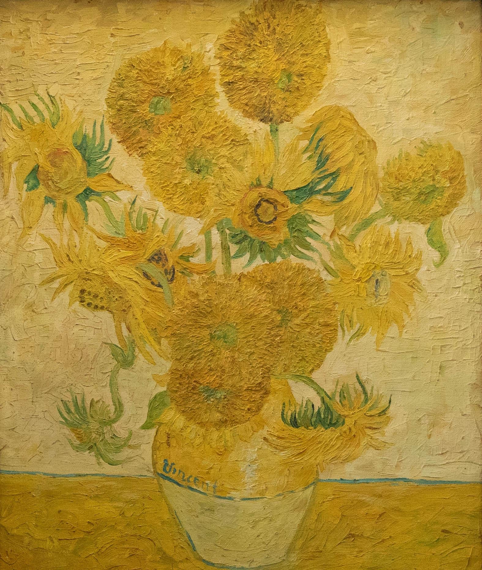 After Vincent van Gogh - Framed Contemporary Oil, Sunflowers - Painting by Unknown