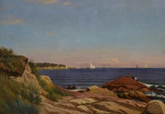 Tarde en la orilla, Escuela Americana, hacia 1870, Veleros, Paisaje, Óleo