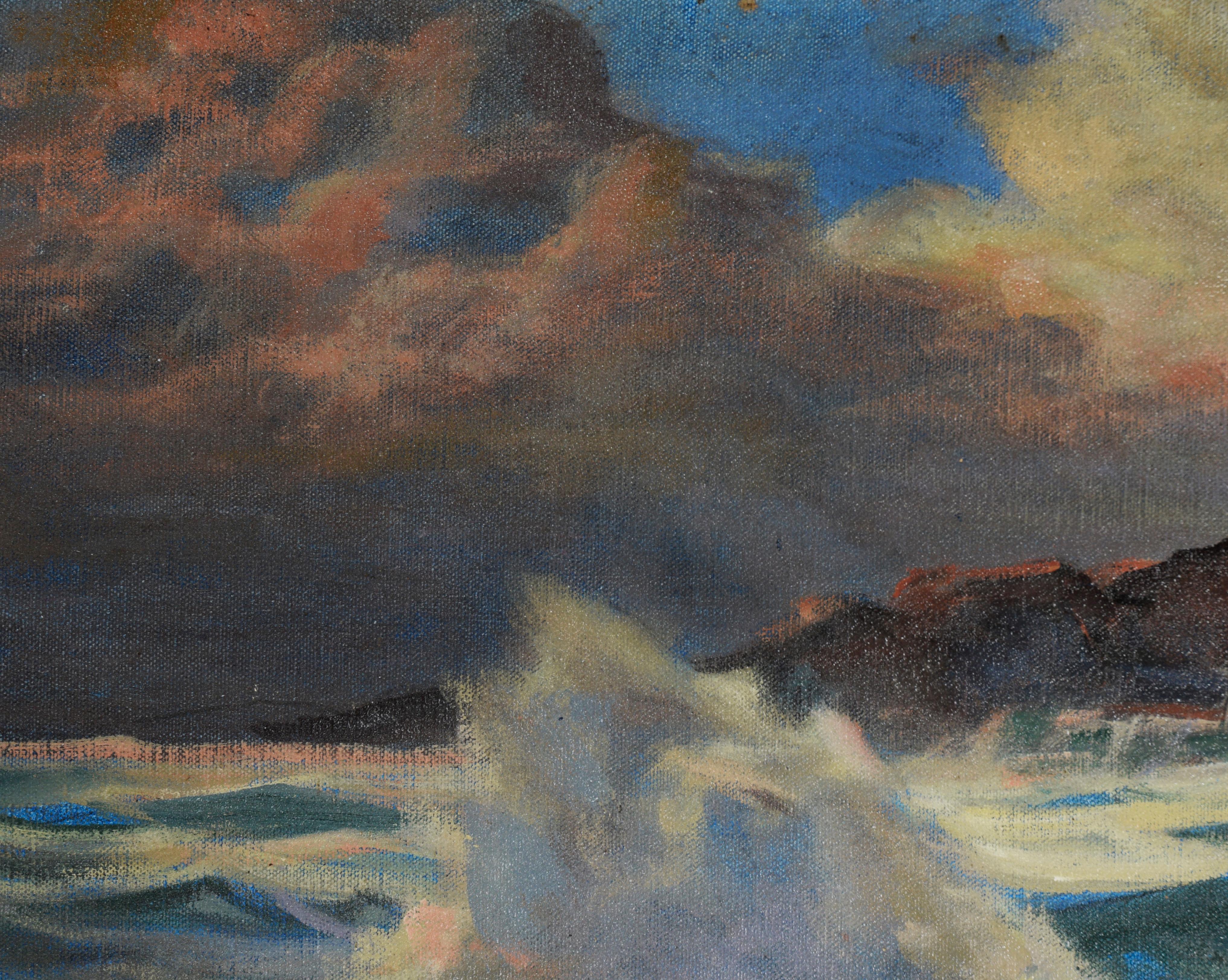 Gegen die Flut - Öl auf Leinen

Ölgemälde der kalifornischen Küste bei Sonnenuntergang im Stil von Edgar Alwin Payne (Amerikaner, 1883-1947). In den oberen Ecken posieren tiefgraue Wolken, durch die rosafarbenes Licht schimmert. Die kabbeligen