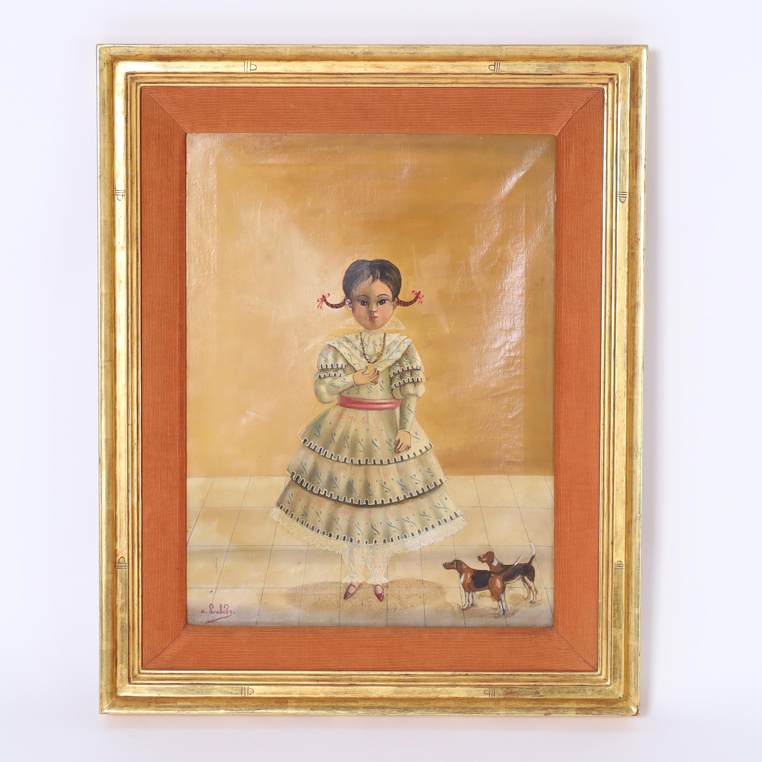 Charming Folk Art painting of a young girl in a dress with two dogs executed in a distinctive naive style by noted Mexican artist Agipito Labios and presented in a gilt wood frame.