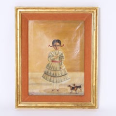 Antique Agipito Labios Folk Art Painting of a Girl with Dogs