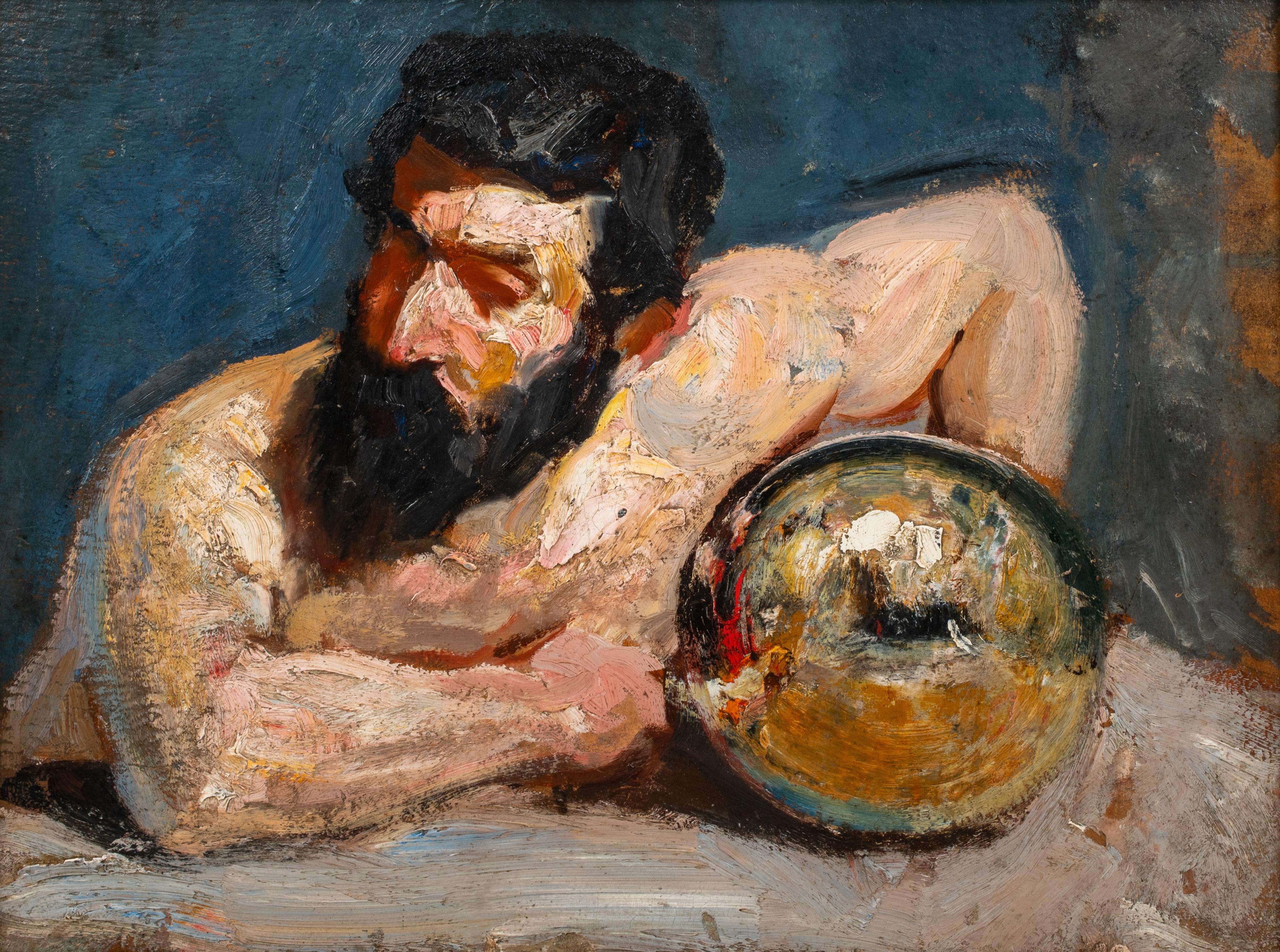 Aion, God of Time & The Orb, 19th Century 

French School

19th Century French School depiction of Aion and the Orb, oil on panel. Excellent quality and condition expressive study of a man posing as the Greek God Of Time accompanied by the golden