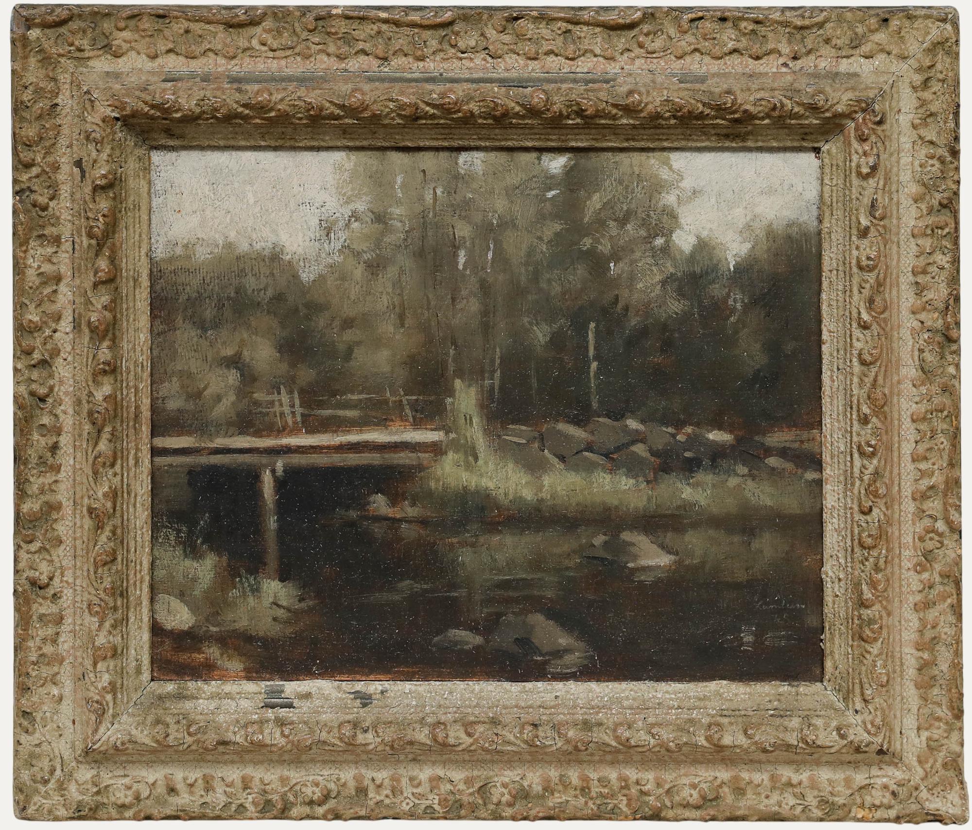 Landscape Painting di Unknown - Akke Kumlien (1884-1949) - Olio del 1948, Acqua sotto il ponte