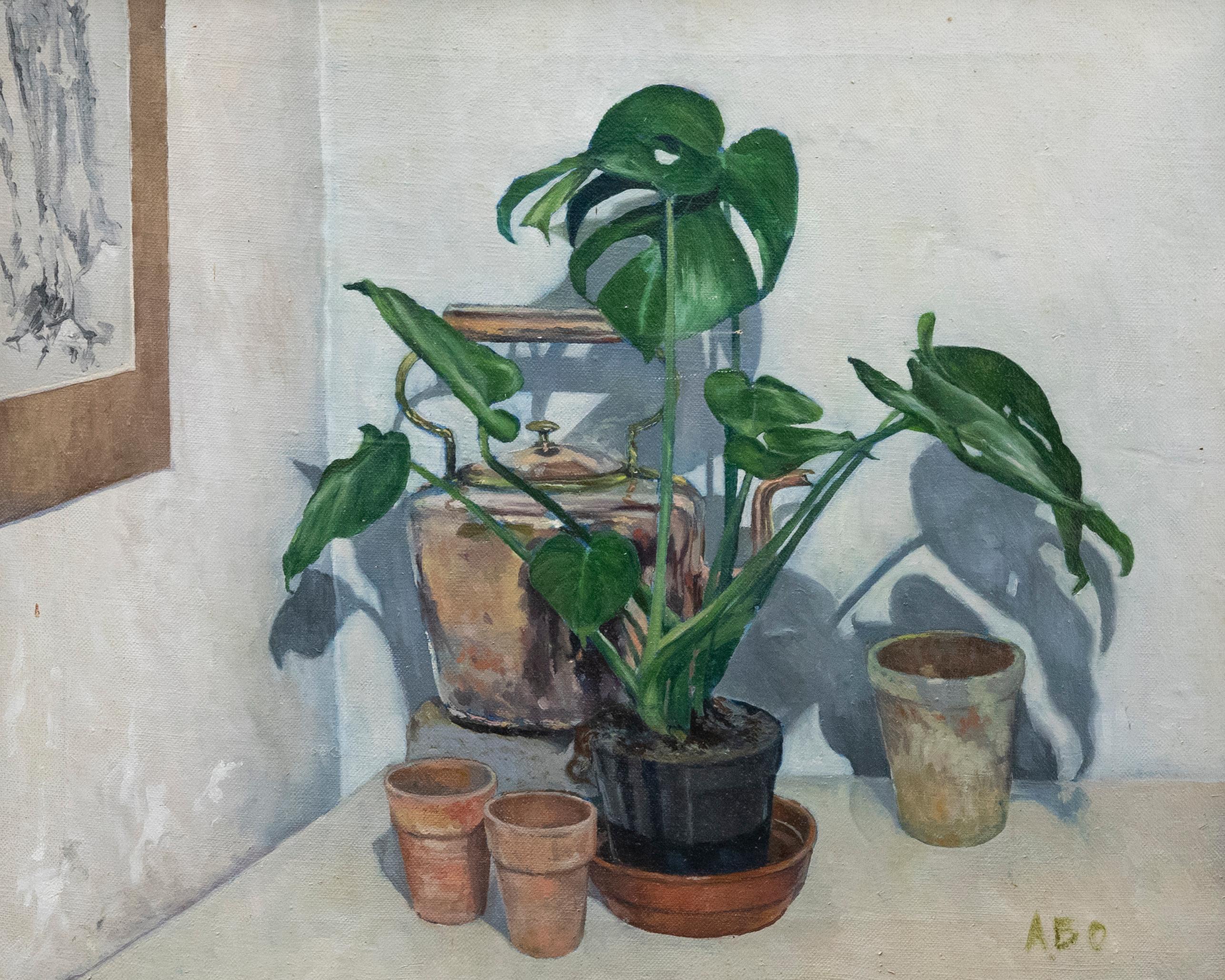 Albert B. Ogden (1928-2022) - Framed Oil, Monstera and Copper Kettle - Painting by Unknown
