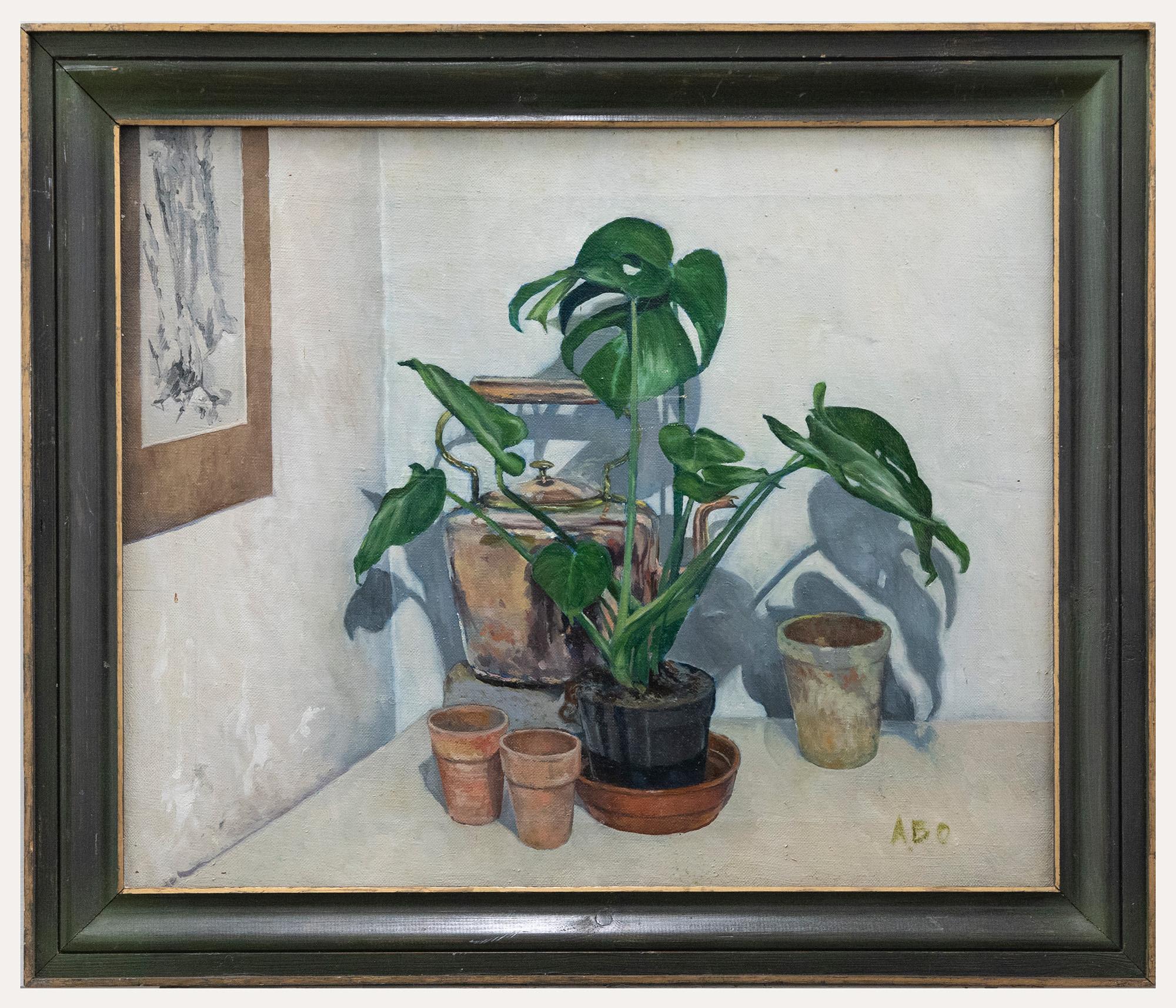 Unknown Still-Life Painting - Albert B. Ogden (1928-2022) - Framed Oil, Monstera and Copper Kettle