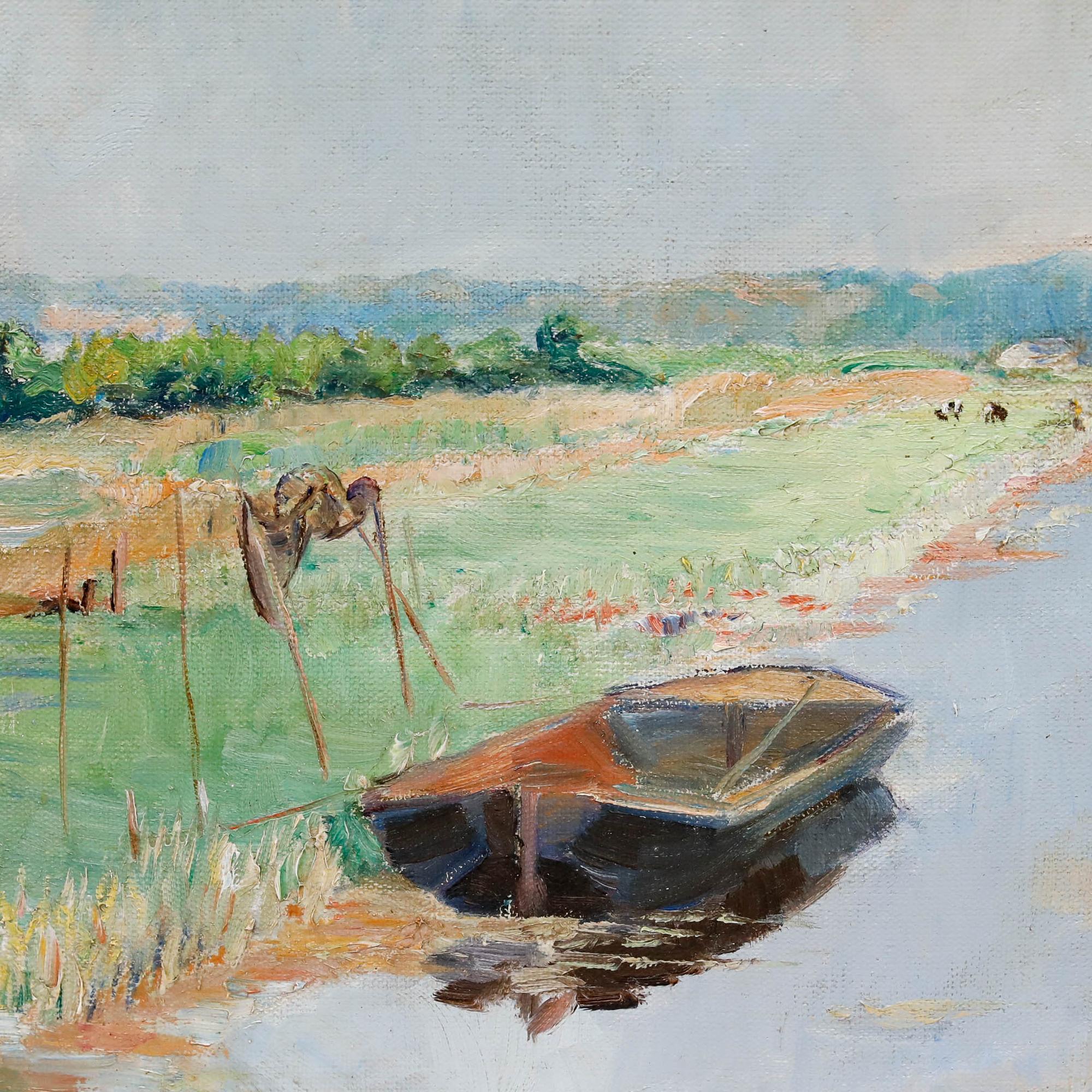 This vibrant landscape painting by Dutch artist Albert Berend Jans Mulder (1889-1987) depicts a tranquil canal scene with a wooden rowing boat moored along grassy banks. The composition guides the viewer's eye along the waterway through verdant