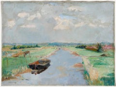 Antique Albert Berend Jans Mulder (1889-1987) - Dutch School  Oil, Boat on the canal